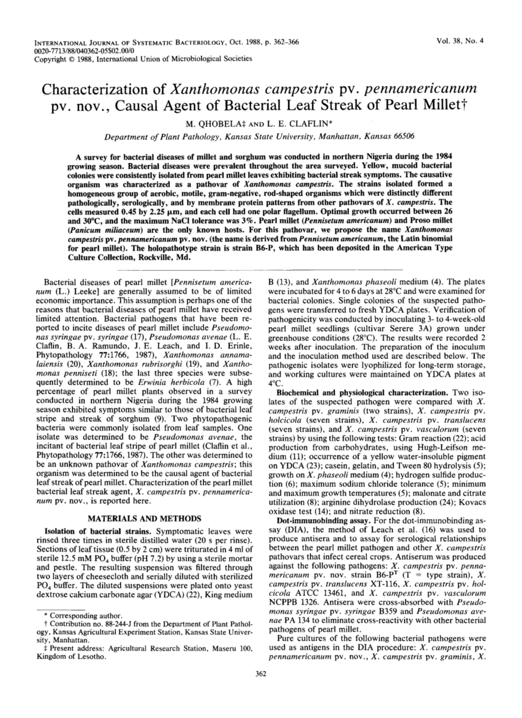 Characterization of Xanthomonas Campestris Pv. Pennamericanum Pv. Nov., Causal Agent of Bacterial Leaf Streak of Pearl Millett M