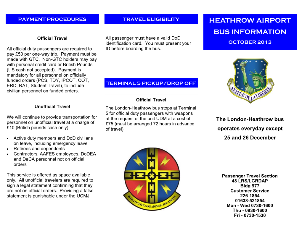 HEATHROW AIRPORT BUS INFORMATION Official Travel All Passenger Must Have a Valid Dod Identification Card