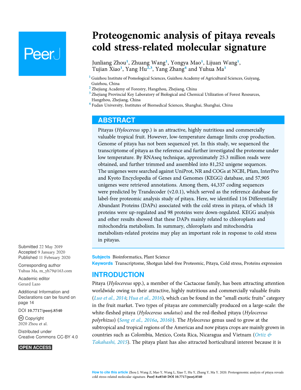 Proteogenomic Analysis of Pitaya Reveals Cold Stress-Related Molecular Signature