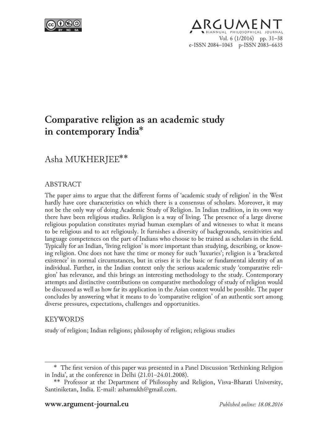 Comparative Religion As an Academic Study in Contemporary India *