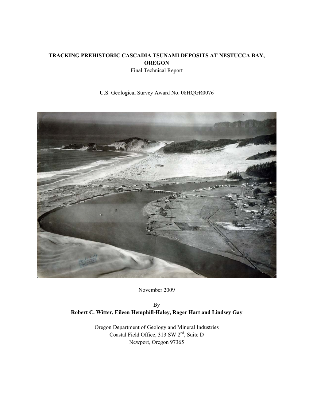 TRACKING PREHISTORIC CASCADIA TSUNAMI DEPOSITS at NESTUCCA BAY, OREGON Final Technical Report