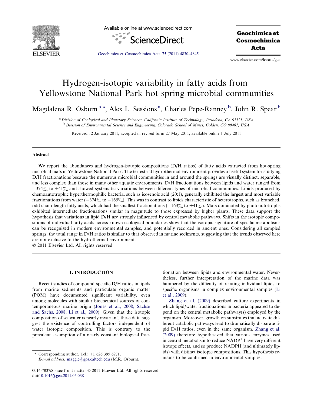 Hydrogen-Isotopic Variability in Fatty Acids from Yellowstone National Park Hot Spring Microbial Communities