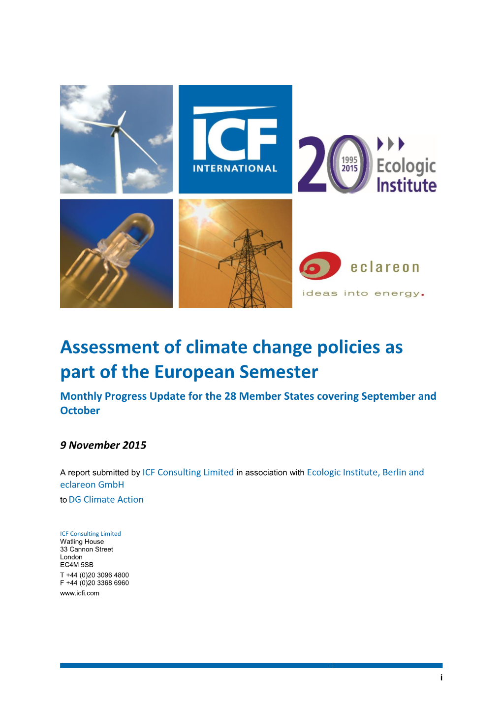 Assessment of Climate Change Policies As Part of the European Semester Monthly Progress Update for the 28 Member States Covering September and October