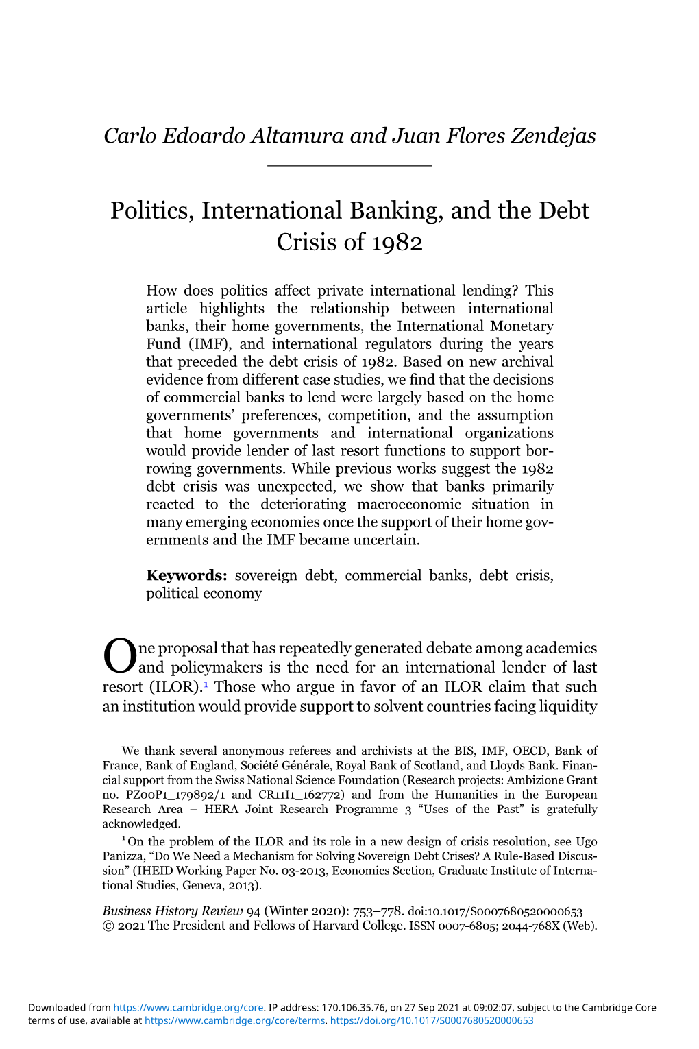 Politics, International Banking, and the Debt Crisis of 1982