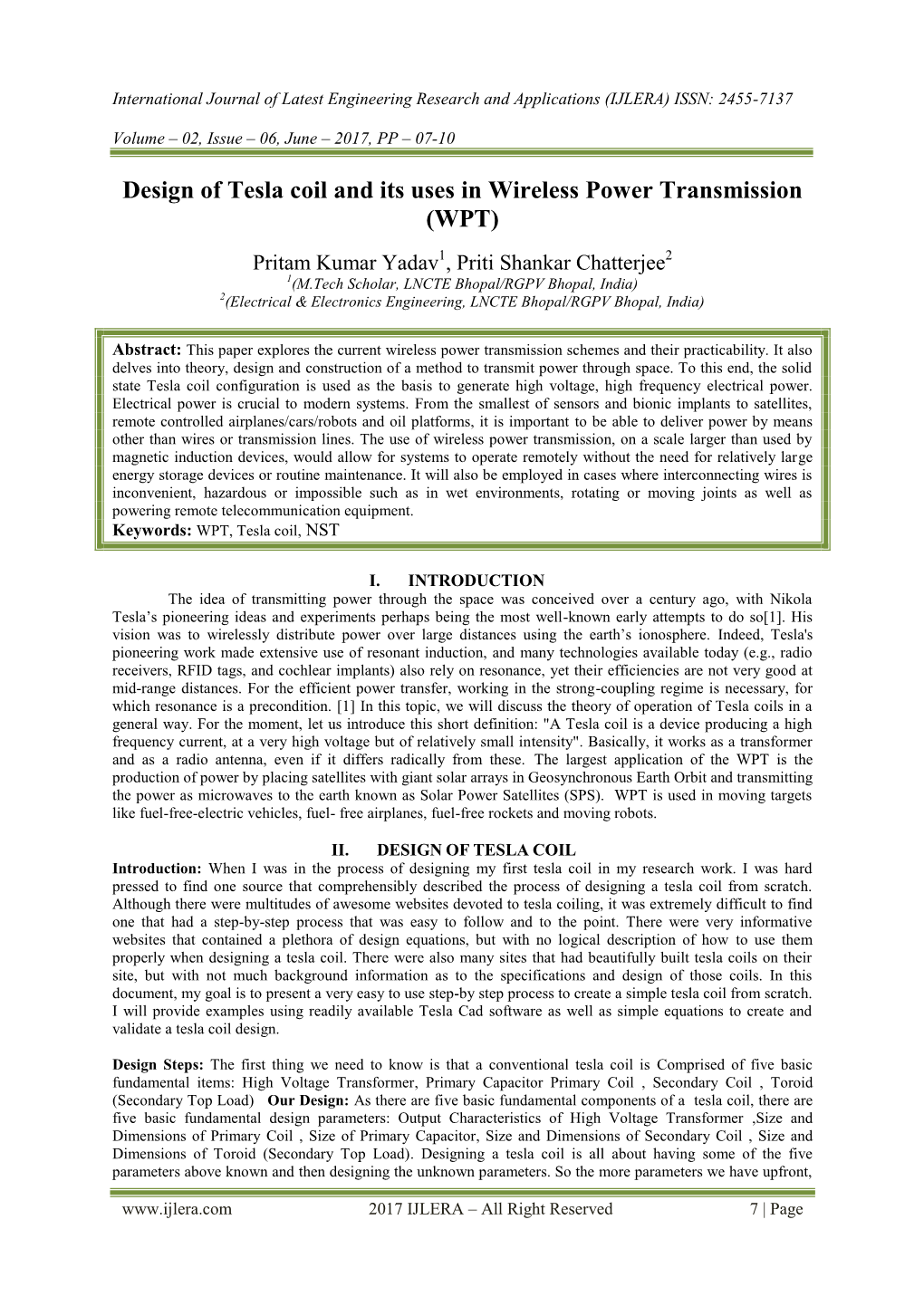 Design of Tesla Coil and Its Uses in Wireless Power Transmission (WPT)