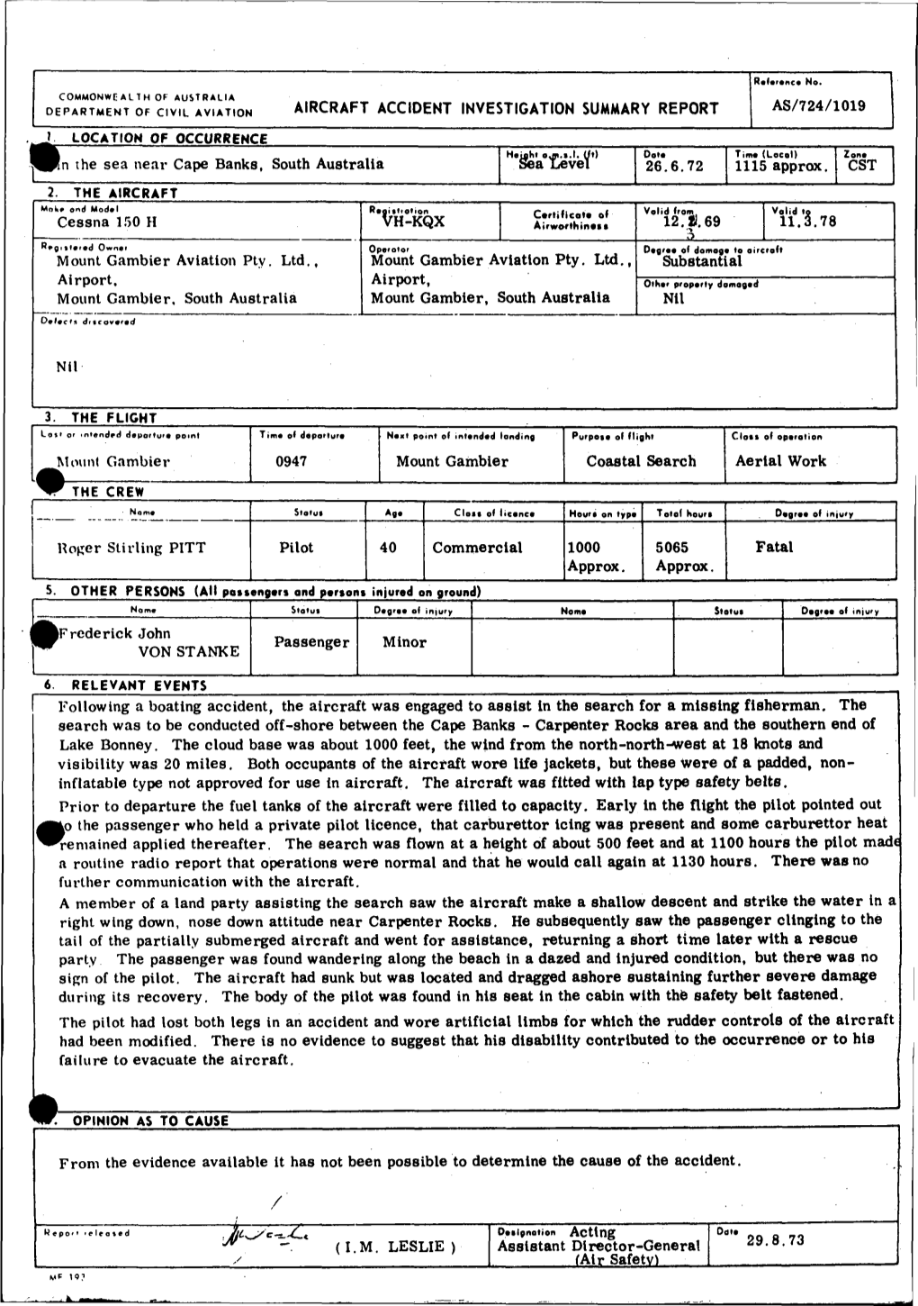 DEPARTMENT of CIVIL AVIATION AIRCRAFT ACCIDENT INVESTIGATION SUMMARY REPORT AS/724/1019 R LOCATION of OCCURRENCE Heiaht Ojp.I.L