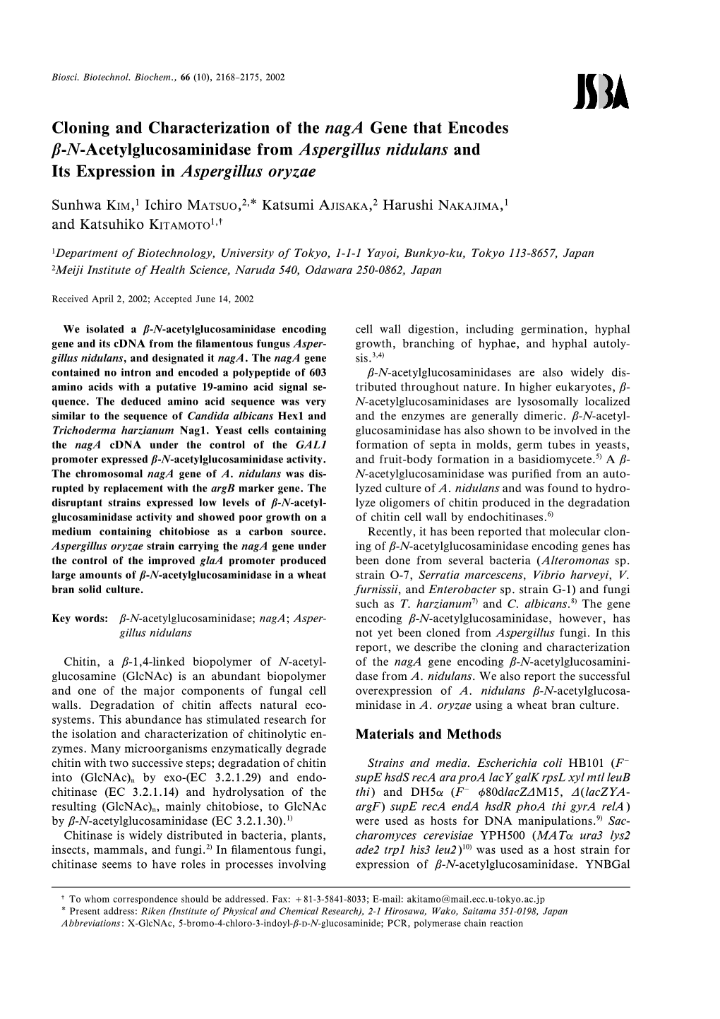 Cloning and Characterization of the Naga Gene That Encodes B-N-Acetylglucosaminidase from Aspergillus Nidulans and Its Expression in Aspergillus Oryzae