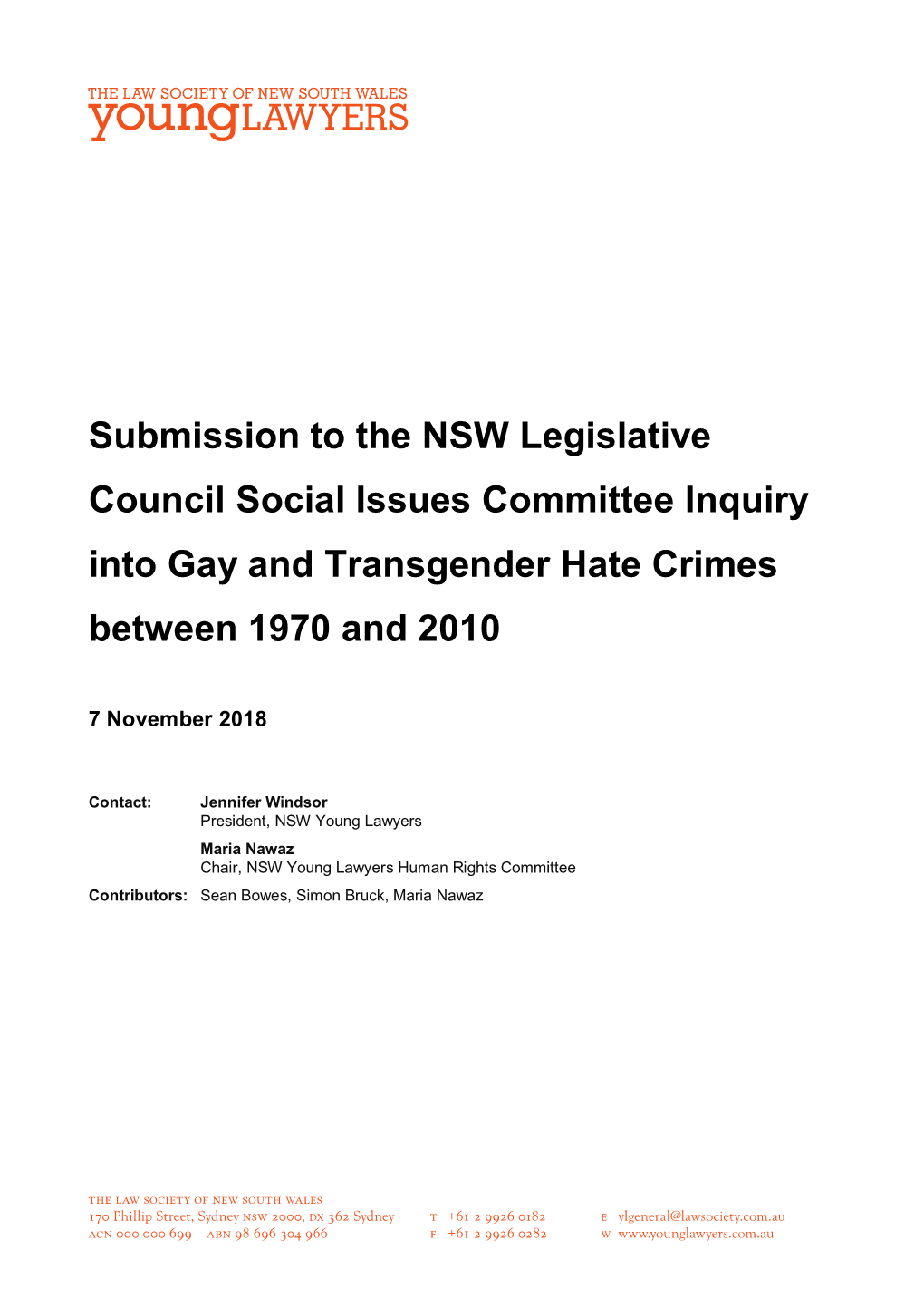 Submission to the NSW Legislative Council Social Issues Committee Inquiry Into Gay and Transgender Hate Crimes Between 1970 and 2010