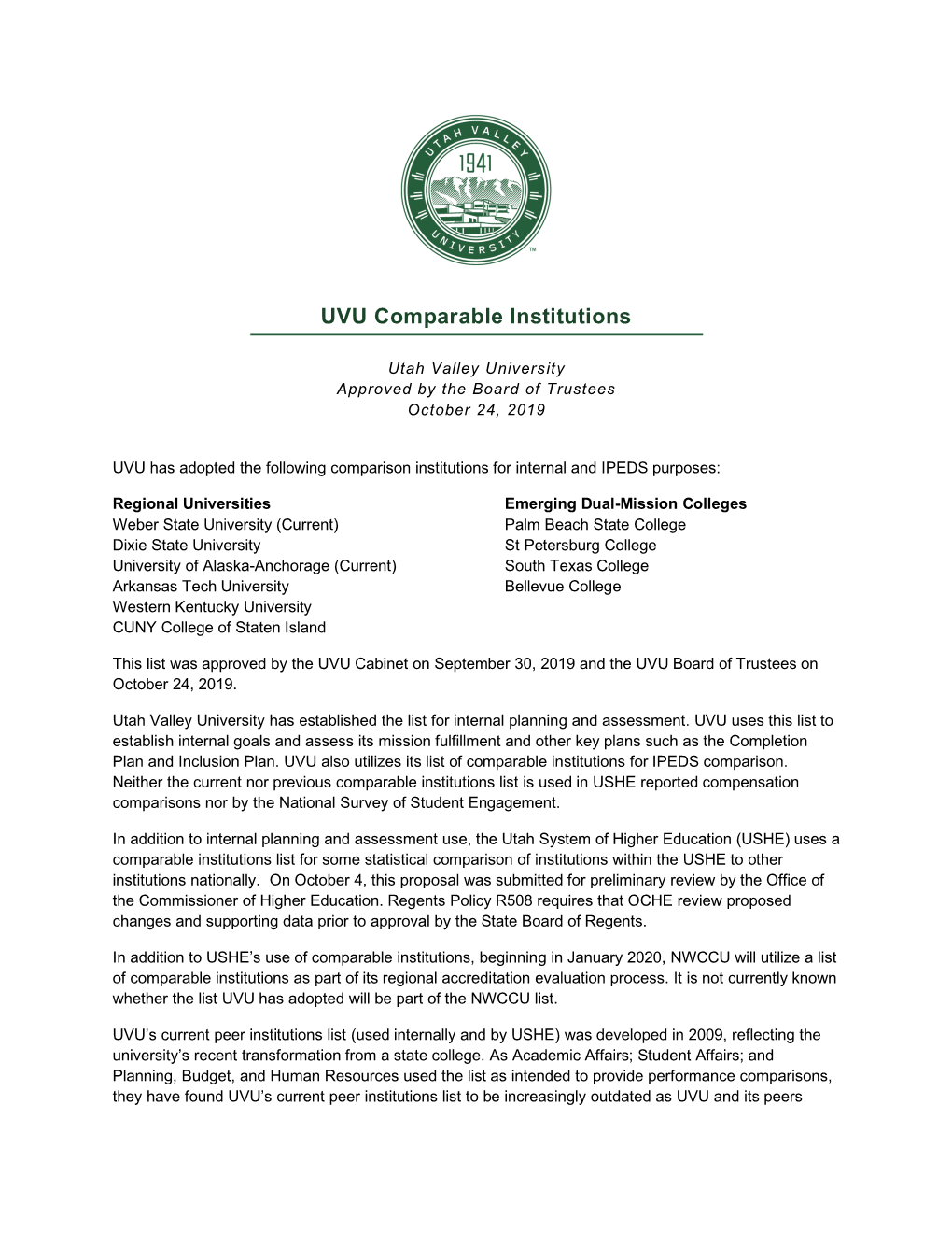 UVU Comparable Institutions