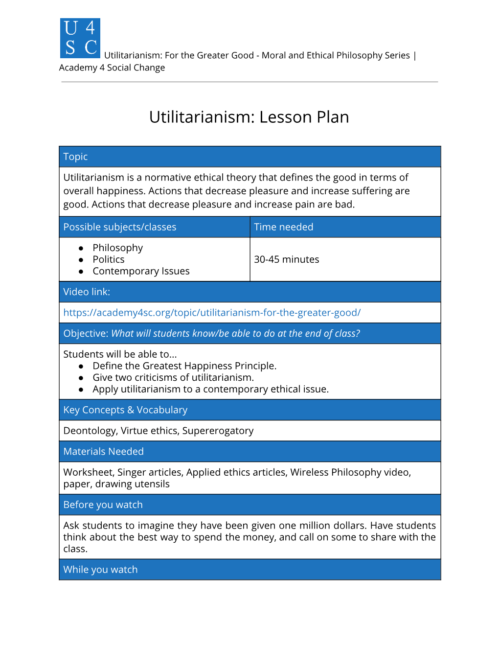 Utilitarianism: Lesson Plan