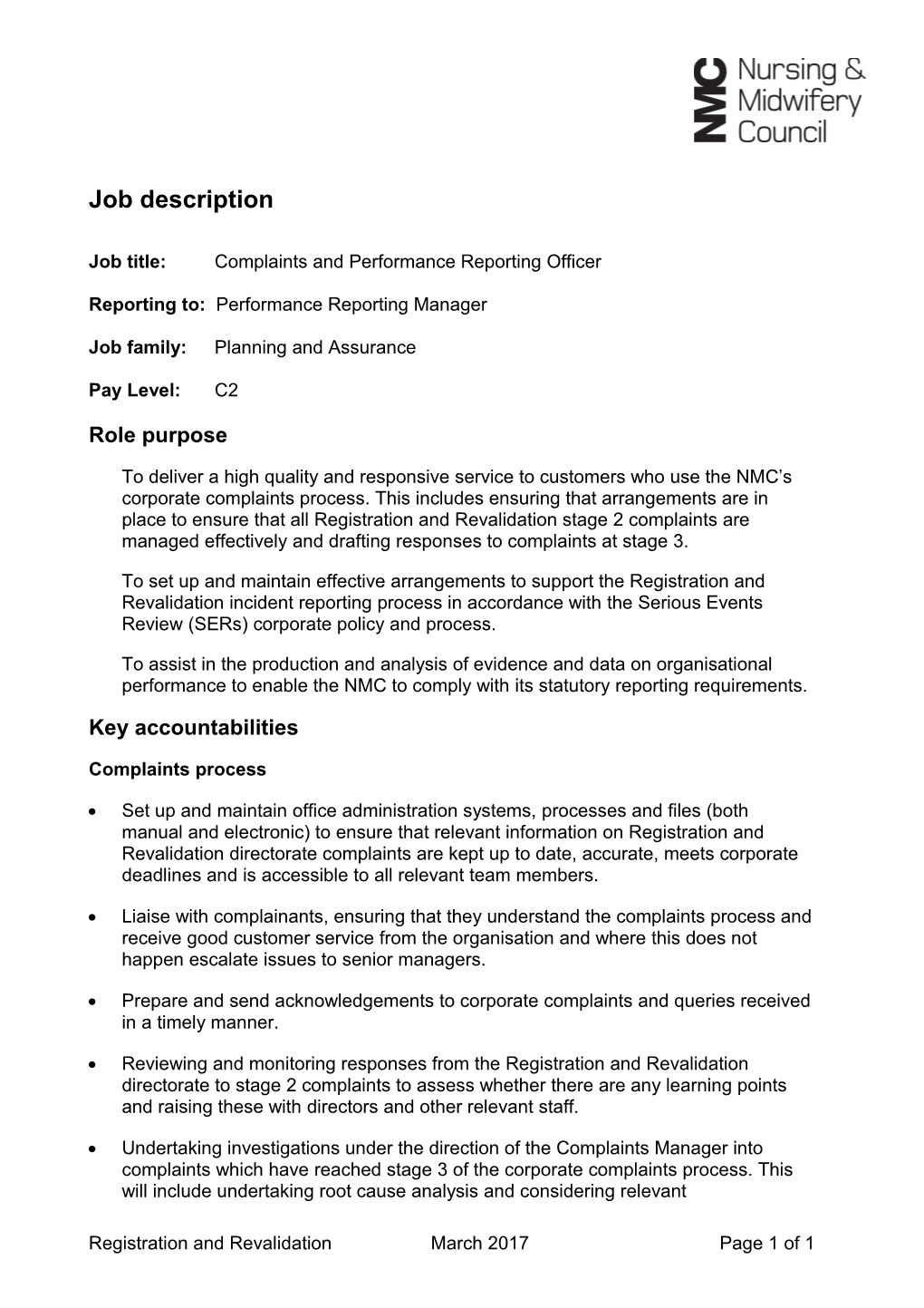 Job Title: Complaints and Performance Reporting Officer