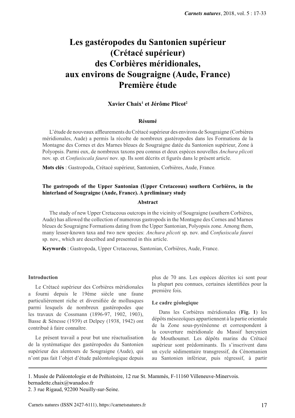 Les Gastéropodes Du Santonien Supérieur (Crétacé Supérieur) Des Corbières Méridionales, Aux Environs De Sougraigne (Aude, France) Première Étude