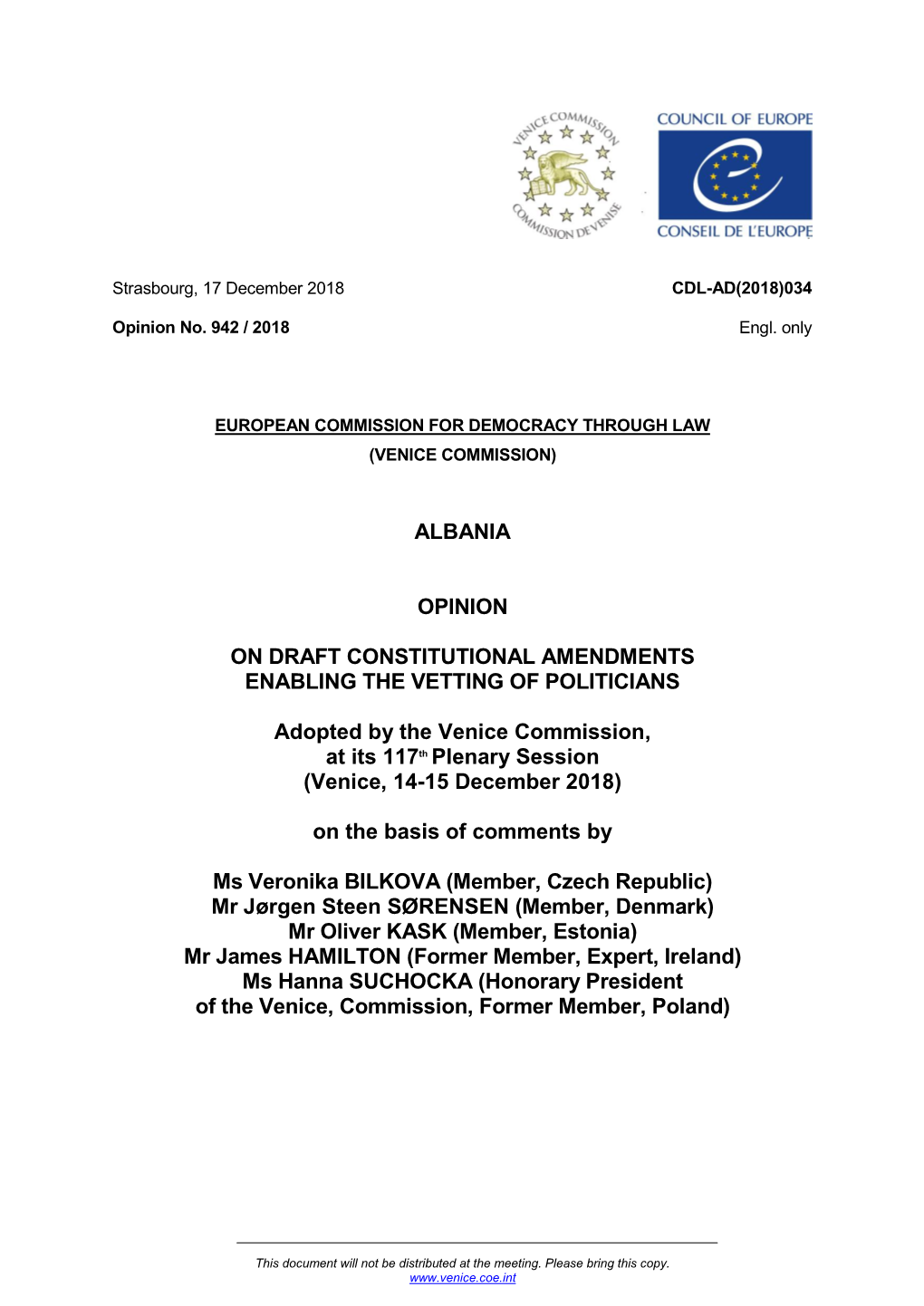 Opinion on Draft Constitutional Amendments Enabling the Vetting of Politicians in Albania