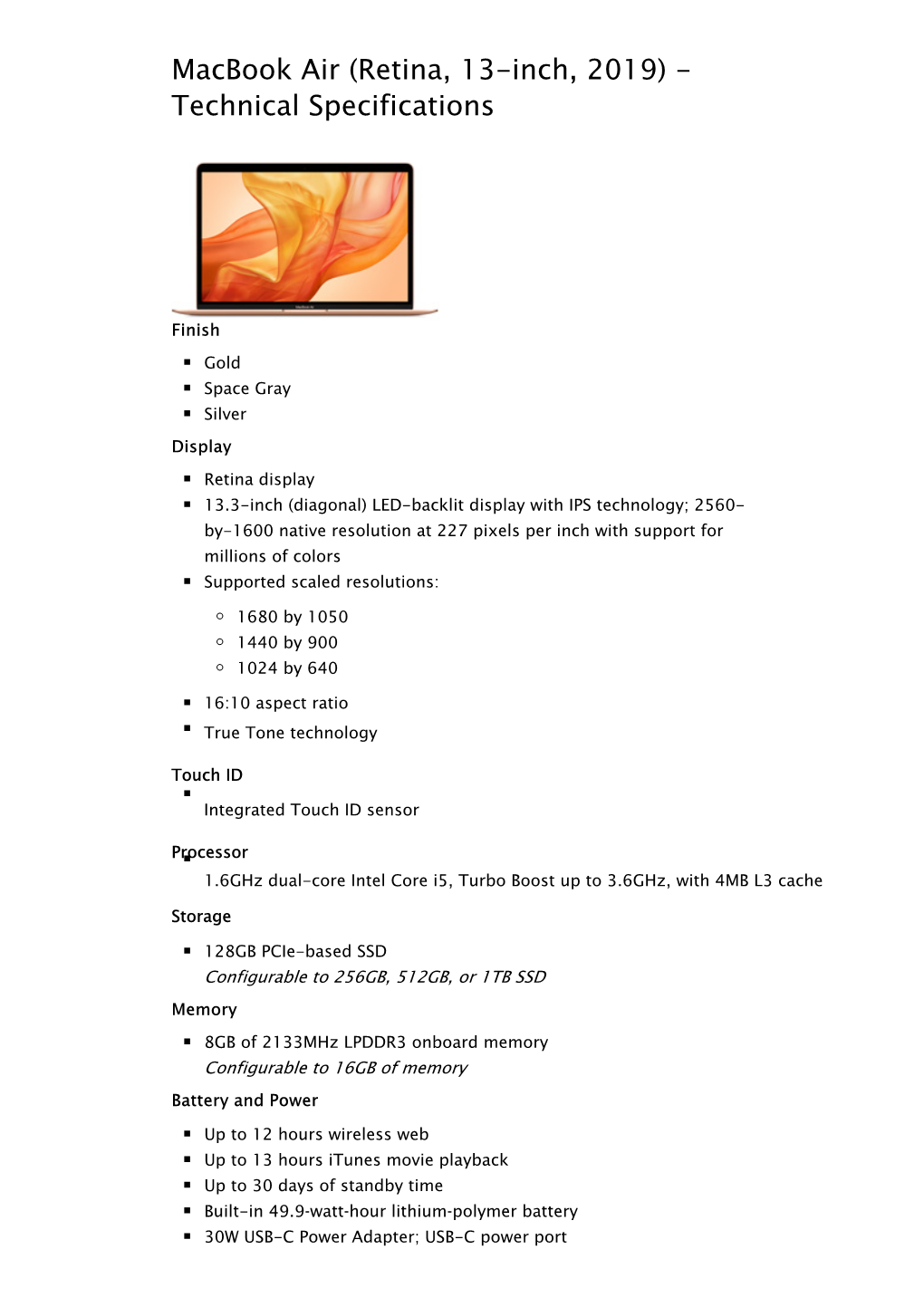 Macbook Air (Retina, 13-Inch, 2019) - Technical Specifications