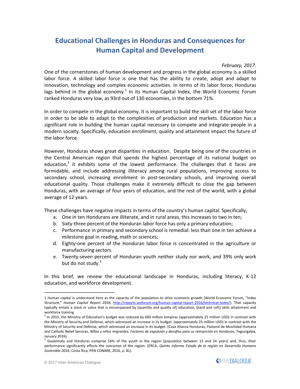 Educational Challenges in Honduras and Consequences for Human Capital and Development