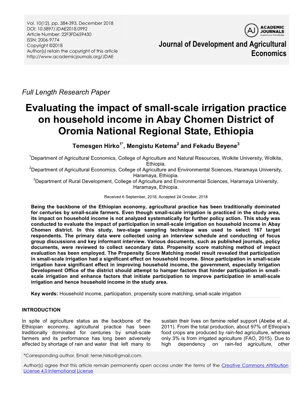 Evaluating the Impact of Small-Scale Irrigation Practice on Household Income in Abay Chomen District of Oromia National Regional State, Ethiopia