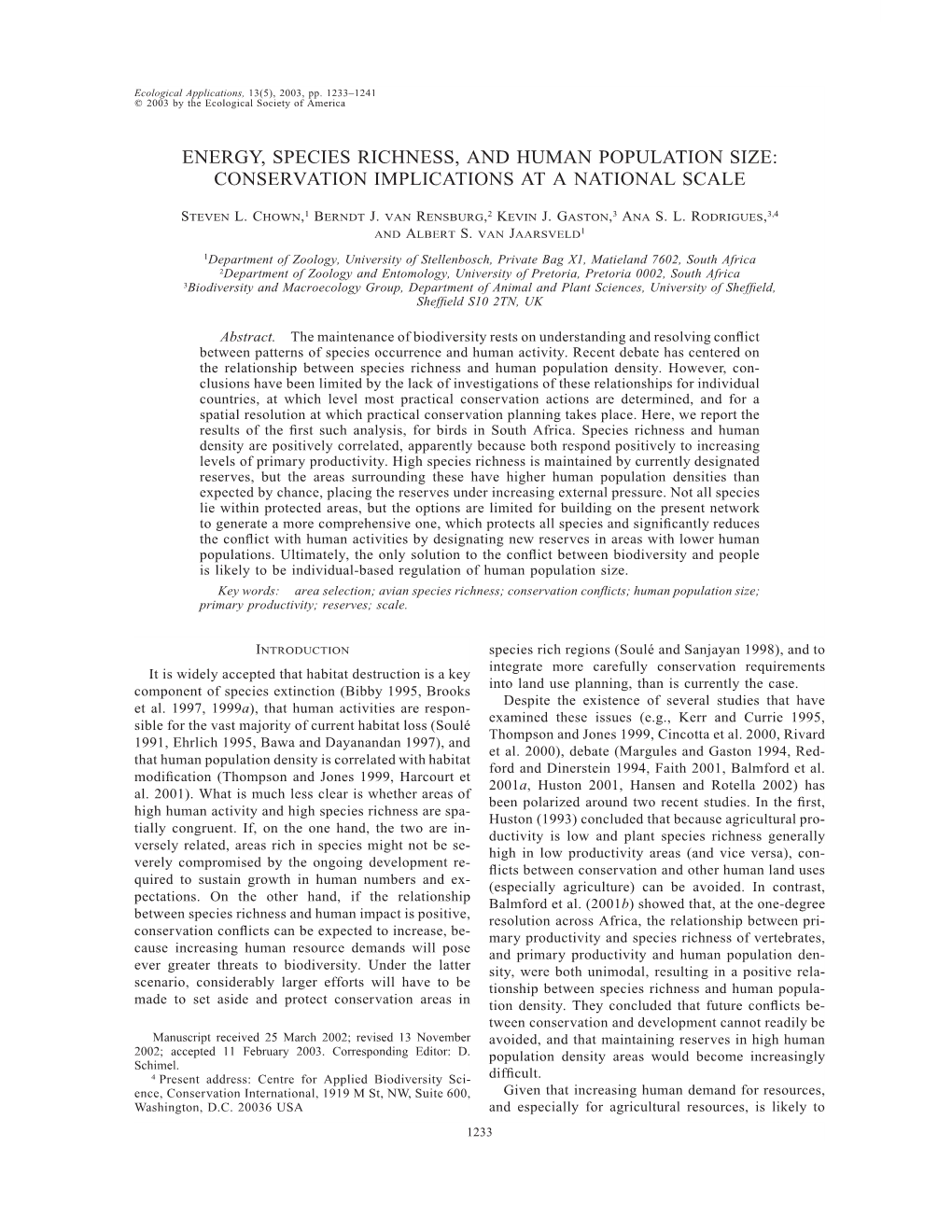 Energy, Species Richness, and Human Population Size: Conservation Implications at a National Scale