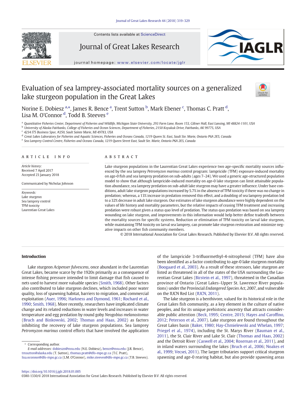 Evaluation of Sea Lamprey-Associated Mortality Sources on a Generalized Lake Sturgeon Population in the Great Lakes