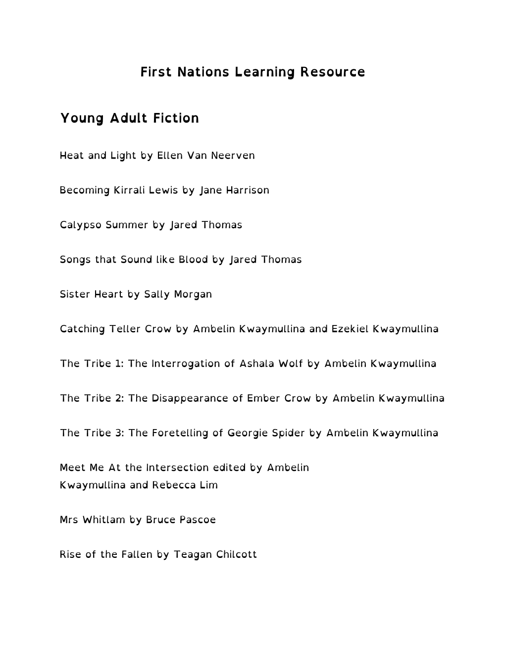 First Nations Learning Resource Young Adult Fiction