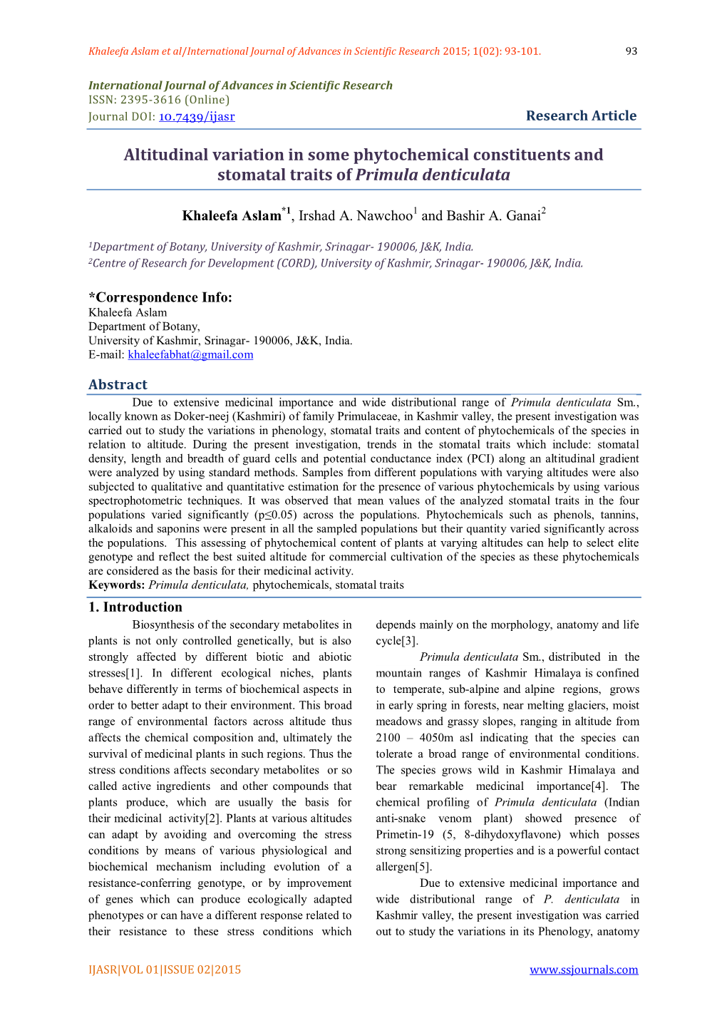 Altitudinal Variation in Some Phytochemical Constituents and Stomatal Traits of Primula Denticulata