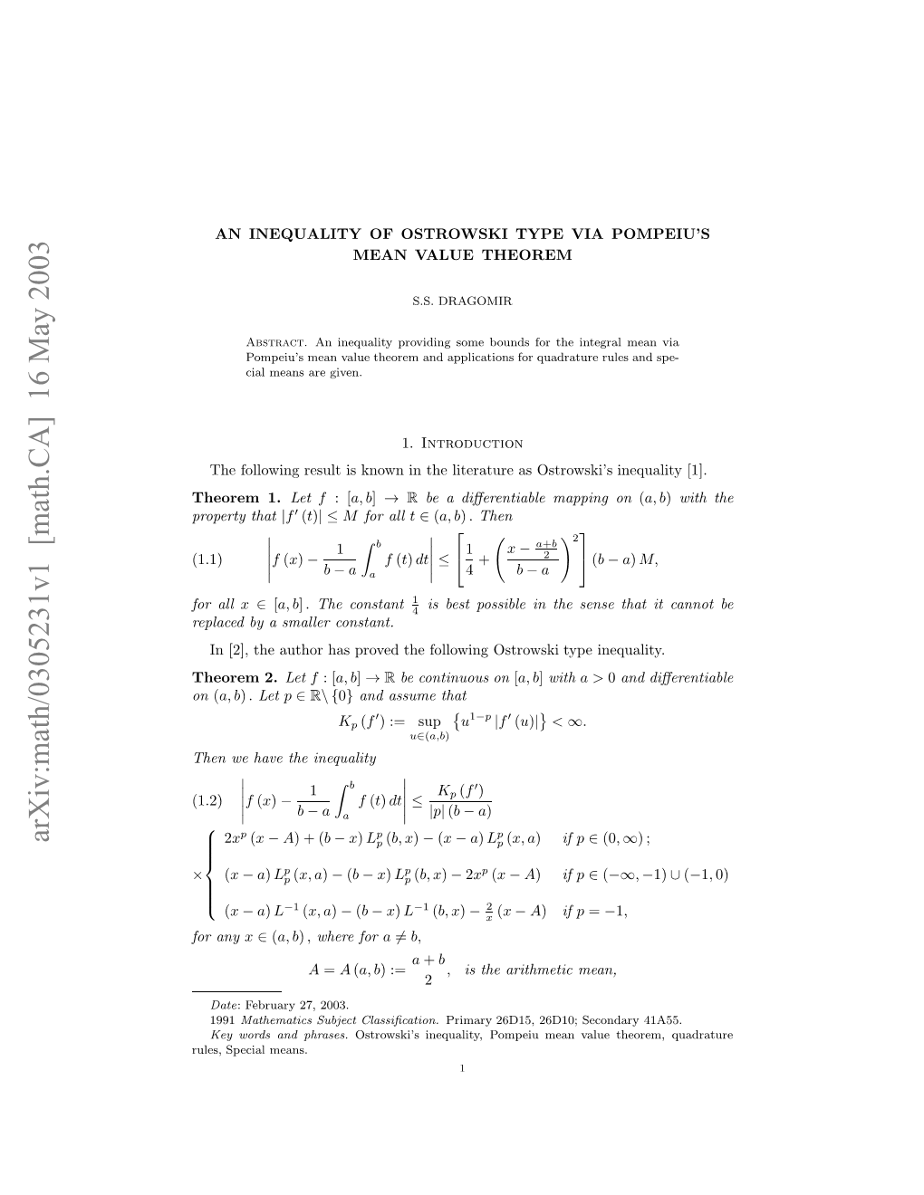 Arxiv:Math/0305231V1 [Math.CA] 16 May 2003 (1.1) O All for Rprythat Property Hoe 1