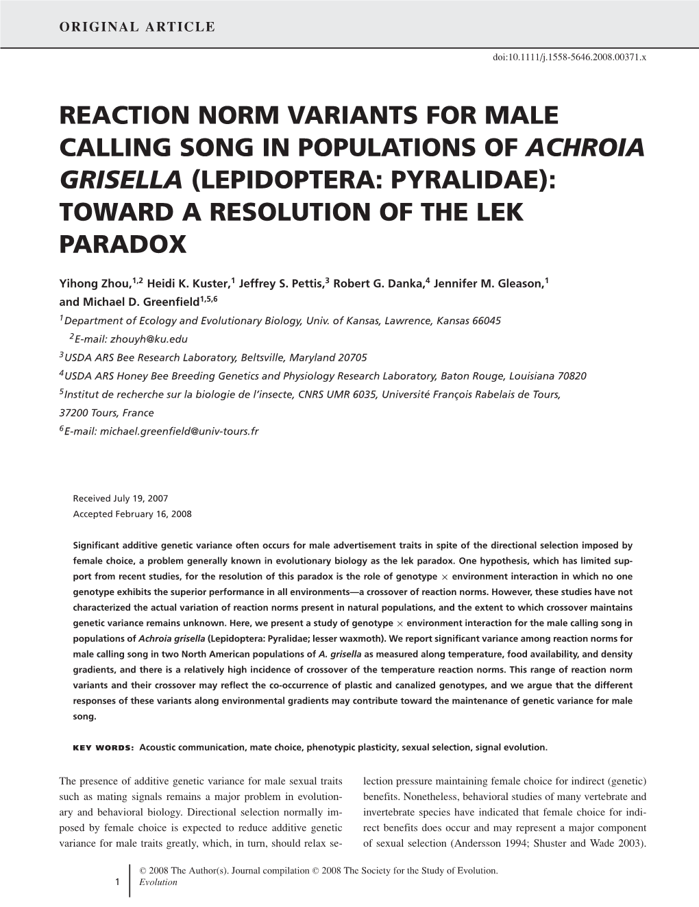 Reaction Norm Variants for Male Calling Song in Populations of Achroia Grisella (Lepidoptera: Pyralidae): Toward a Resolution of the Lek Paradox