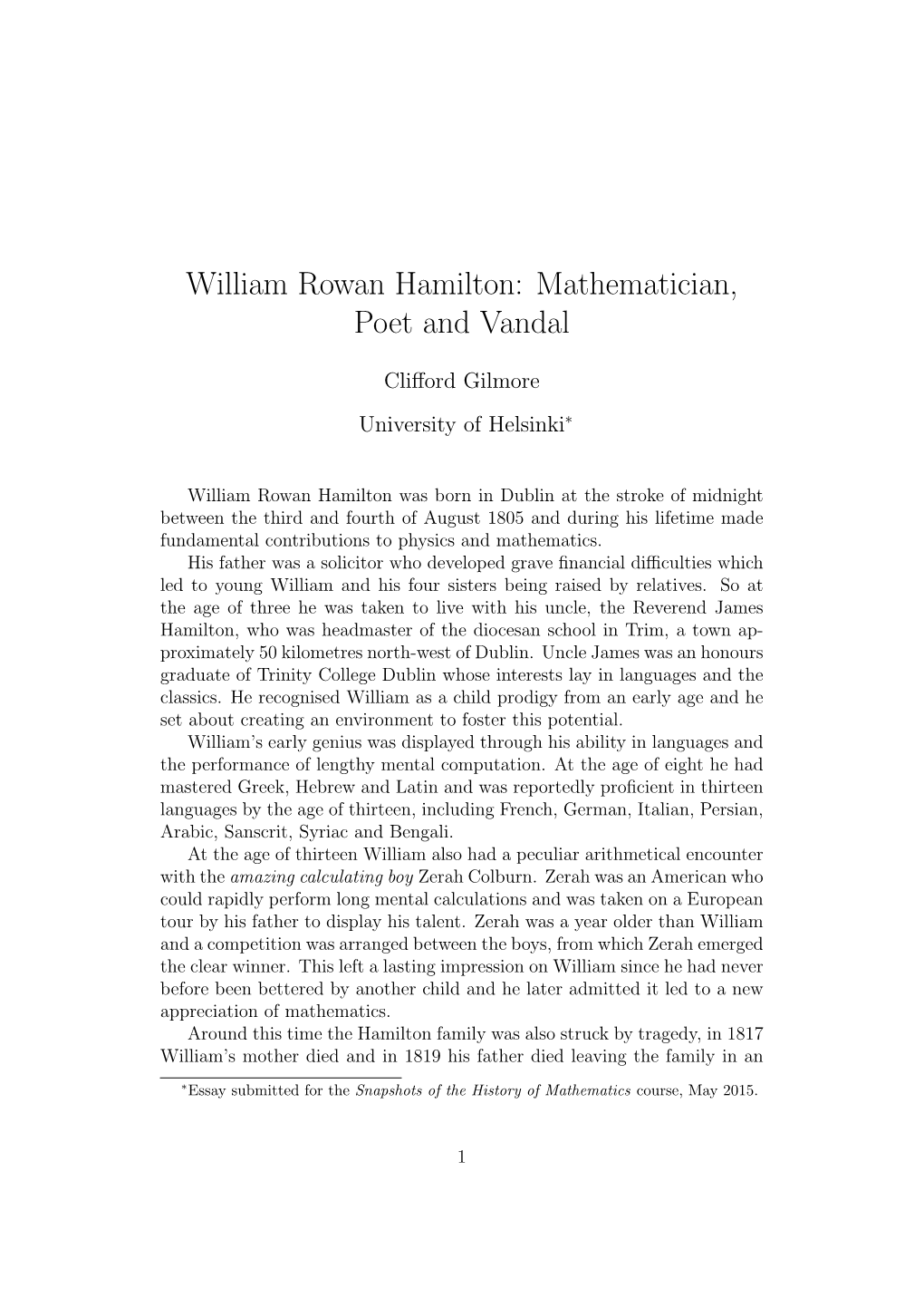 William Rowan Hamilton: Mathematician, Poet and Vandal