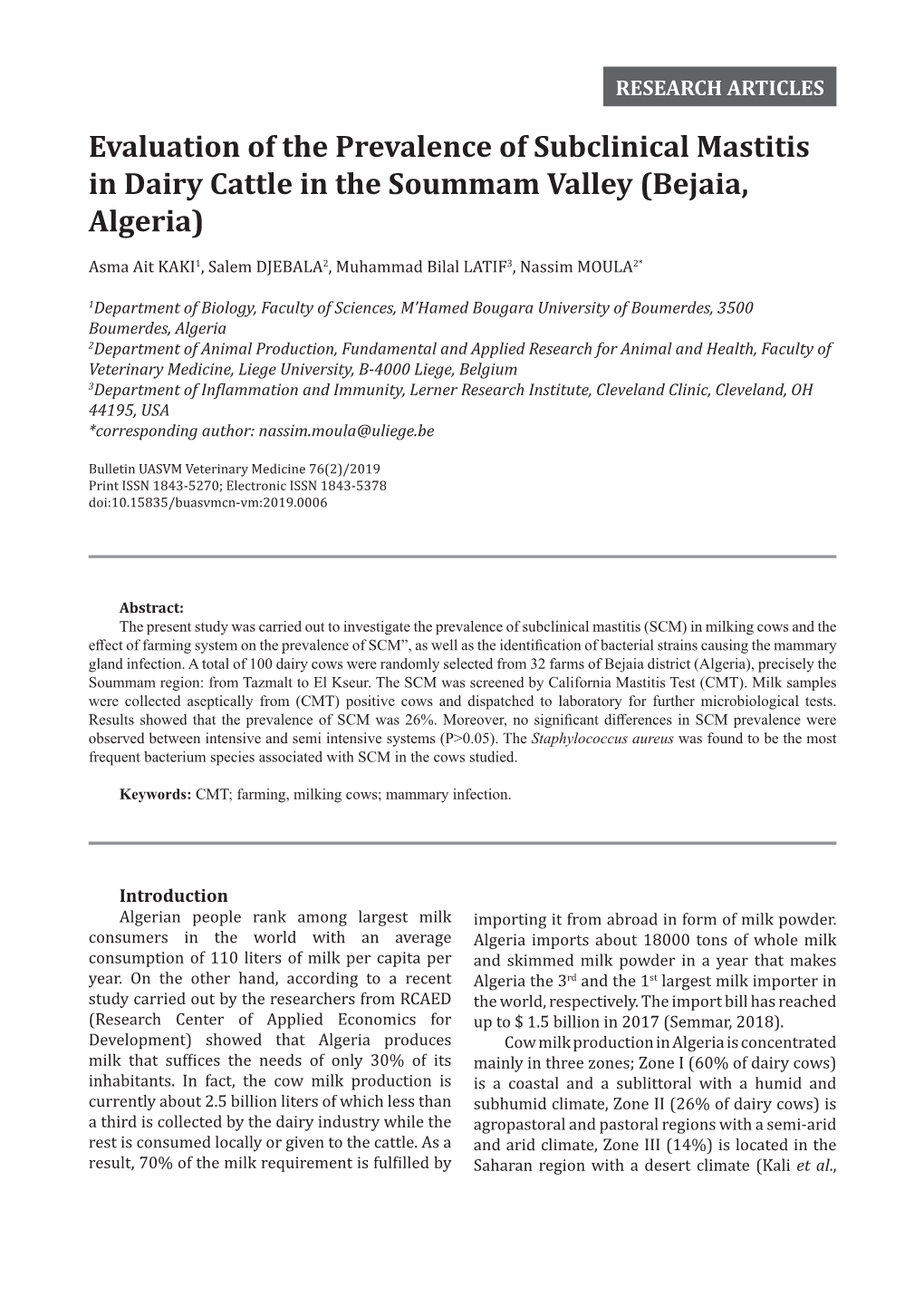 Evaluation of the Prevalence of Subclinical Mastitis in Dairy Cattle in the Soummam Valley (Bejaia, Algeria)