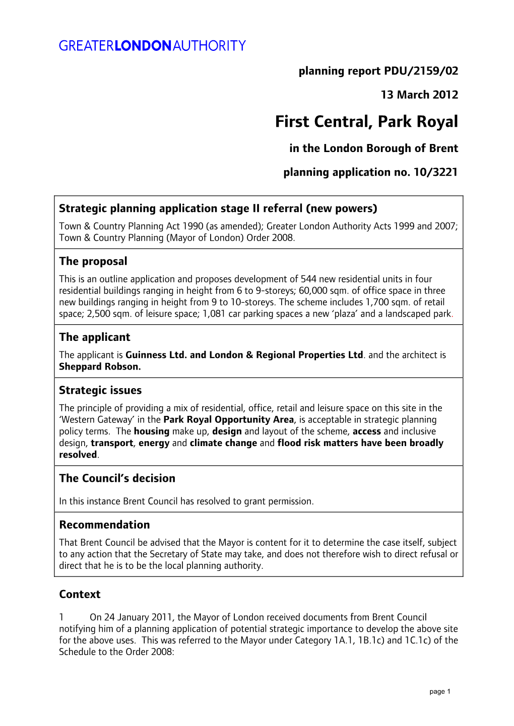 First Central, Park Royal in the London Borough of Brent Planning Application No