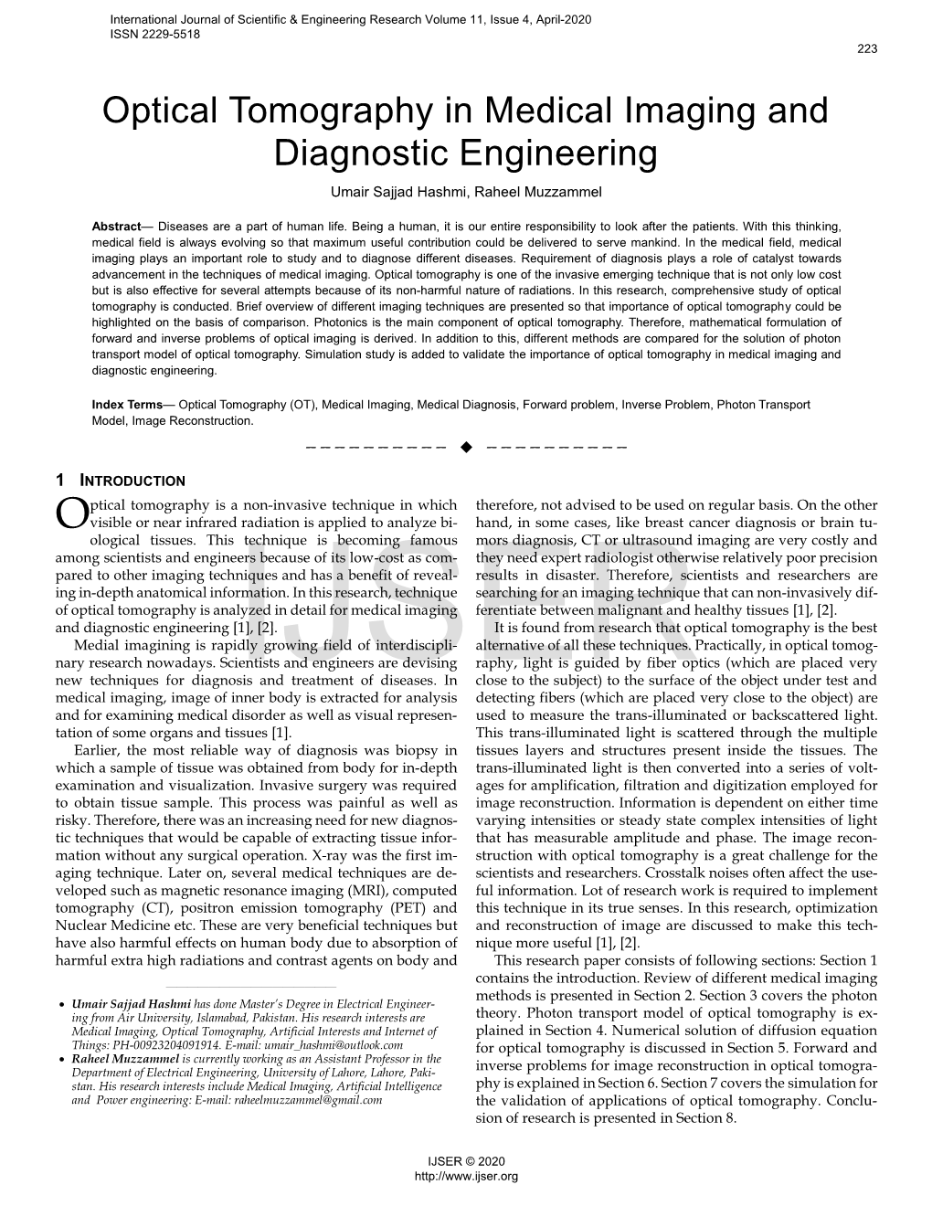 Optical Tomography in Medical Imaging and Diagnostic Engineering Umair Sajjad Hashmi, Raheel Muzzammel