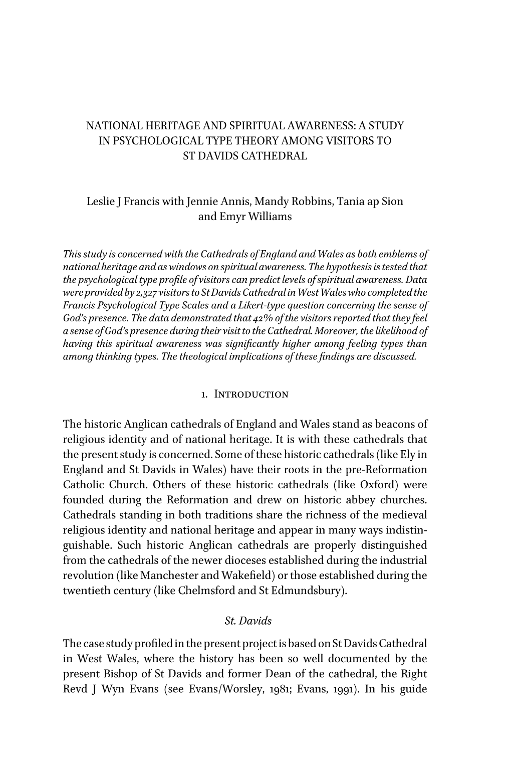 National Heritage and Spiritual Awareness: a Study in Psychological Type Theory Among Visitors to St Davids Cathedral