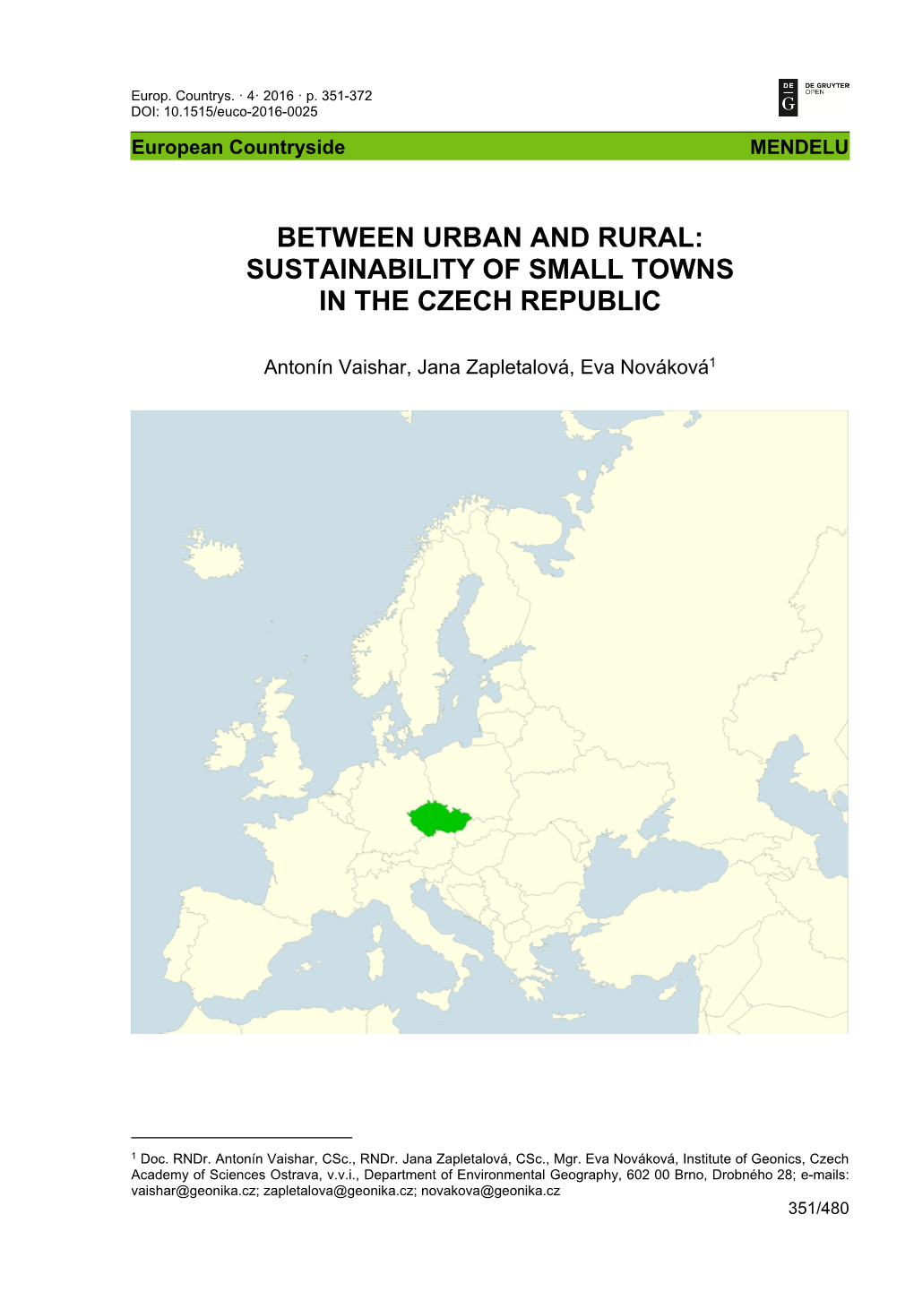 Sustainability of Small Towns in the Czech Republic