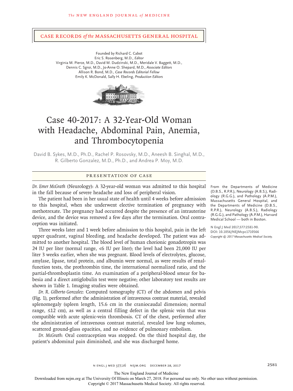 Case 40-2017: a 32-Year-Old Woman with Headache, Abdominal Pain, Anemia, and Thrombocytopenia