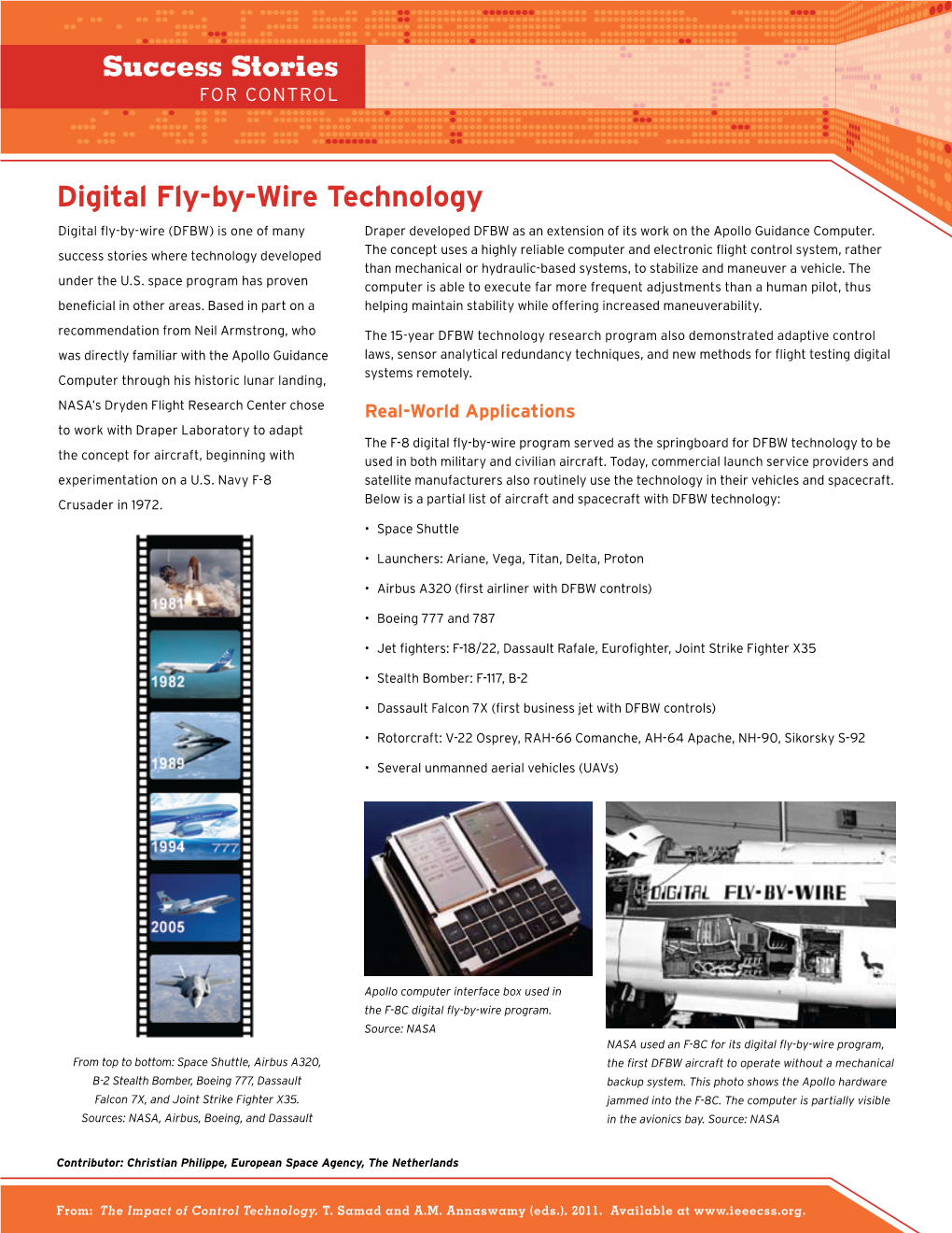 Digital Fly-By-Wire Technology Digital Fly-By-Wire (DFBW) Is One of Many Draper Developed DFBW As an Extension of Its Work on the Apollo Guidance Computer