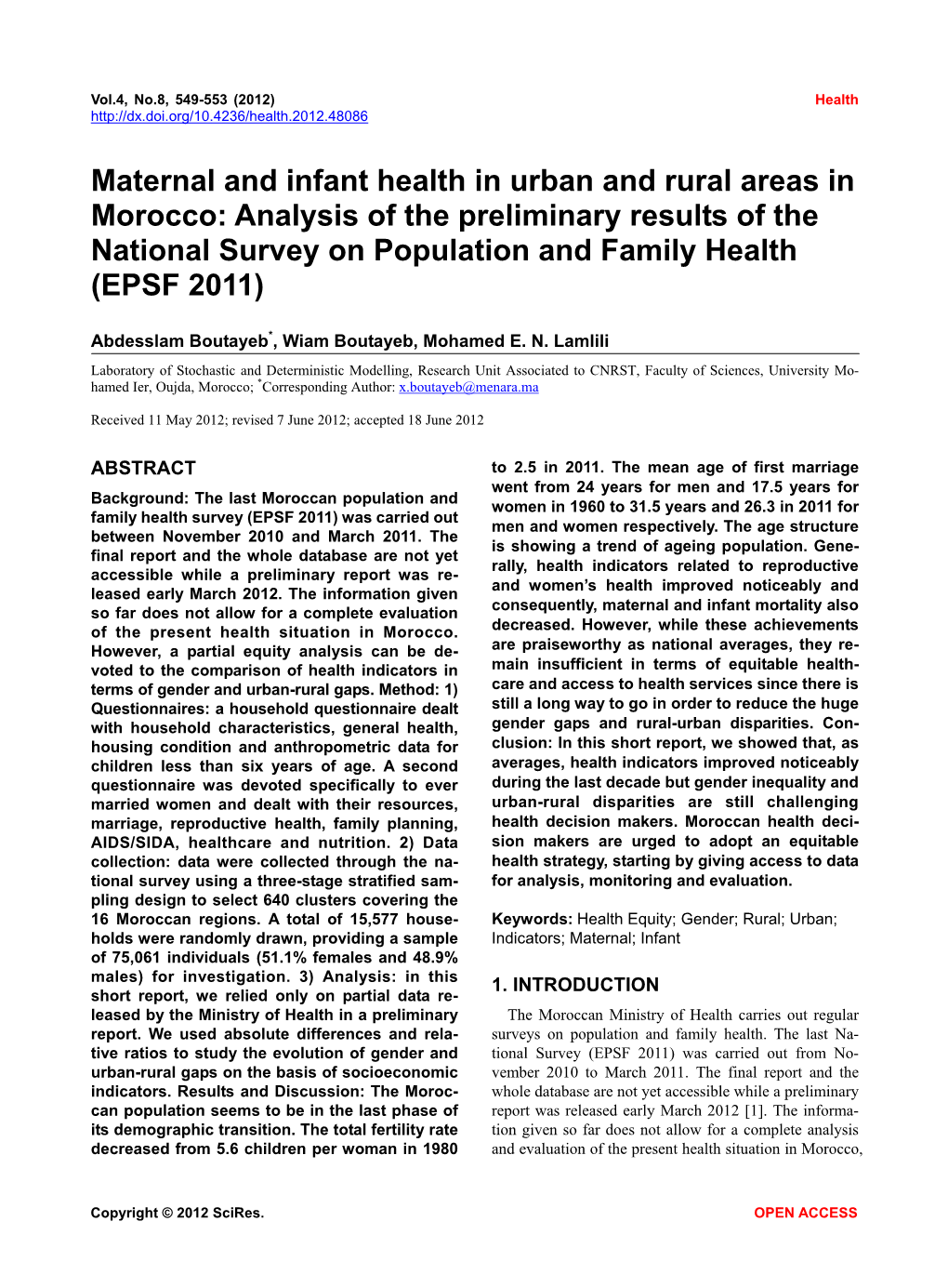 Maternal and Infant Health in Urban and Rural Areas in Morocco