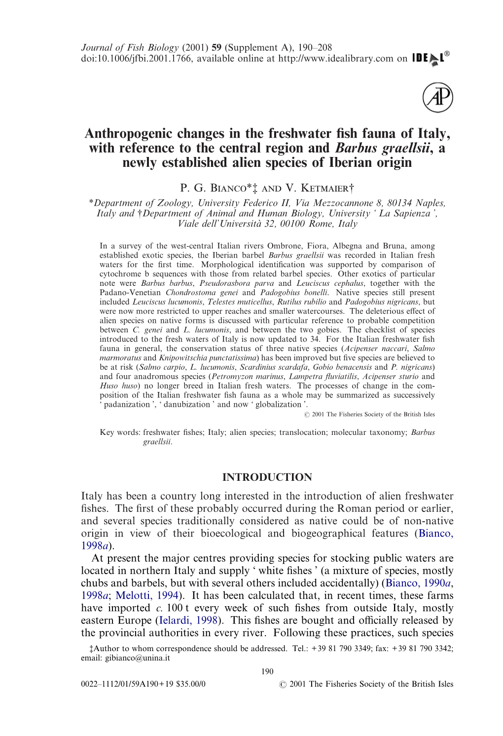 Anthropogenic Changes in the Freshwater Fish Fauna of Italy, With
