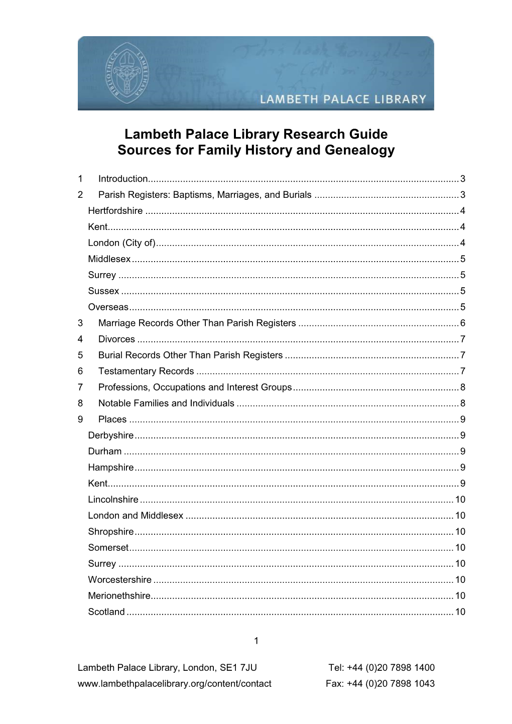 Lambeth Palace Library Research Guide Sources for Family History and Genealogy