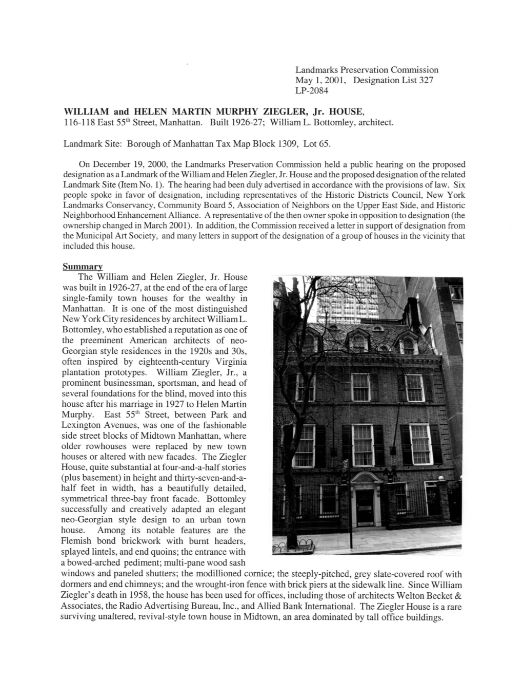 WILLIAM and HELEN MARTIN MURPHY ZIEGLER, Jr. HOUSE, 116-118 East 55M Street, Manhattan