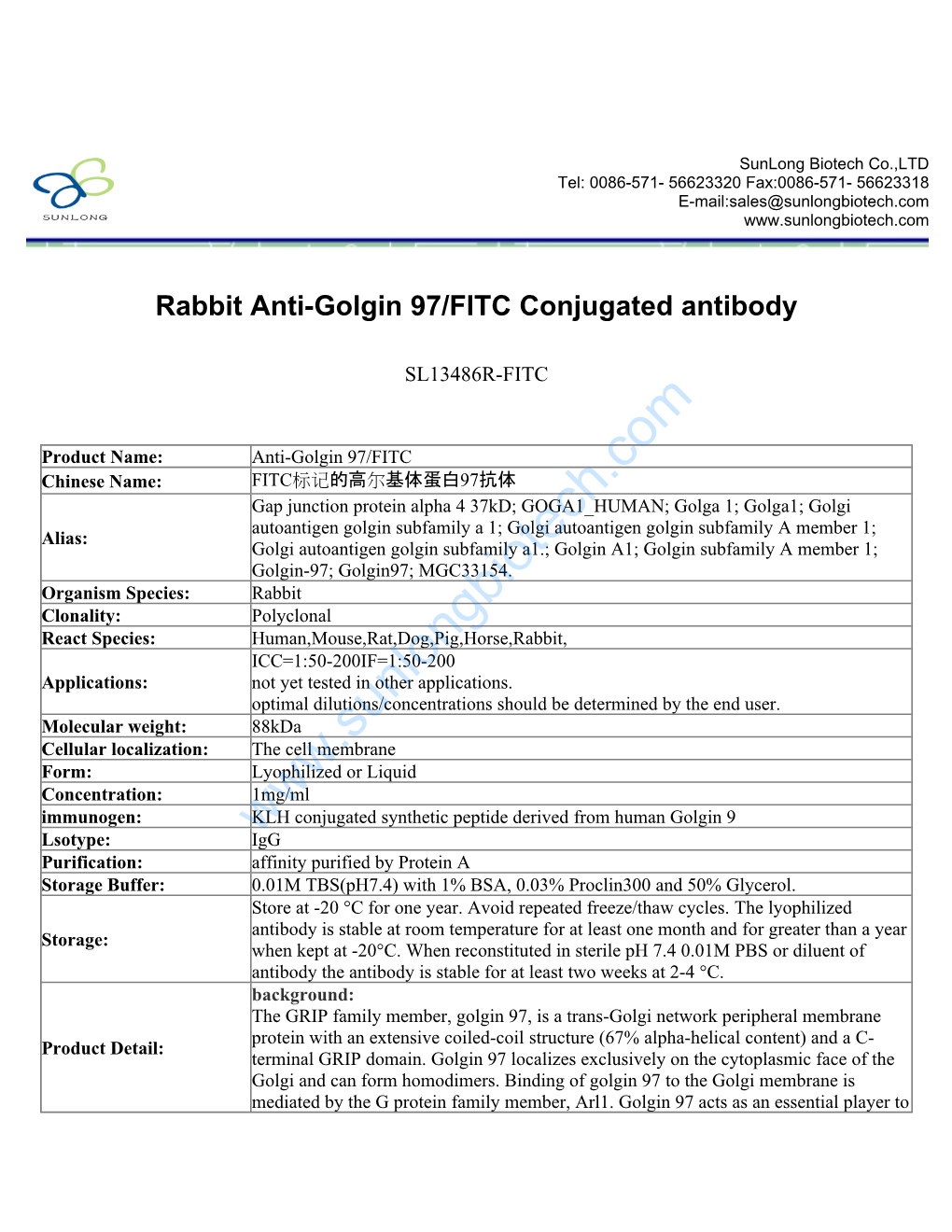 Rabbit Anti-Golgin 97/FITC Conjugated Antibody-SL13486R
