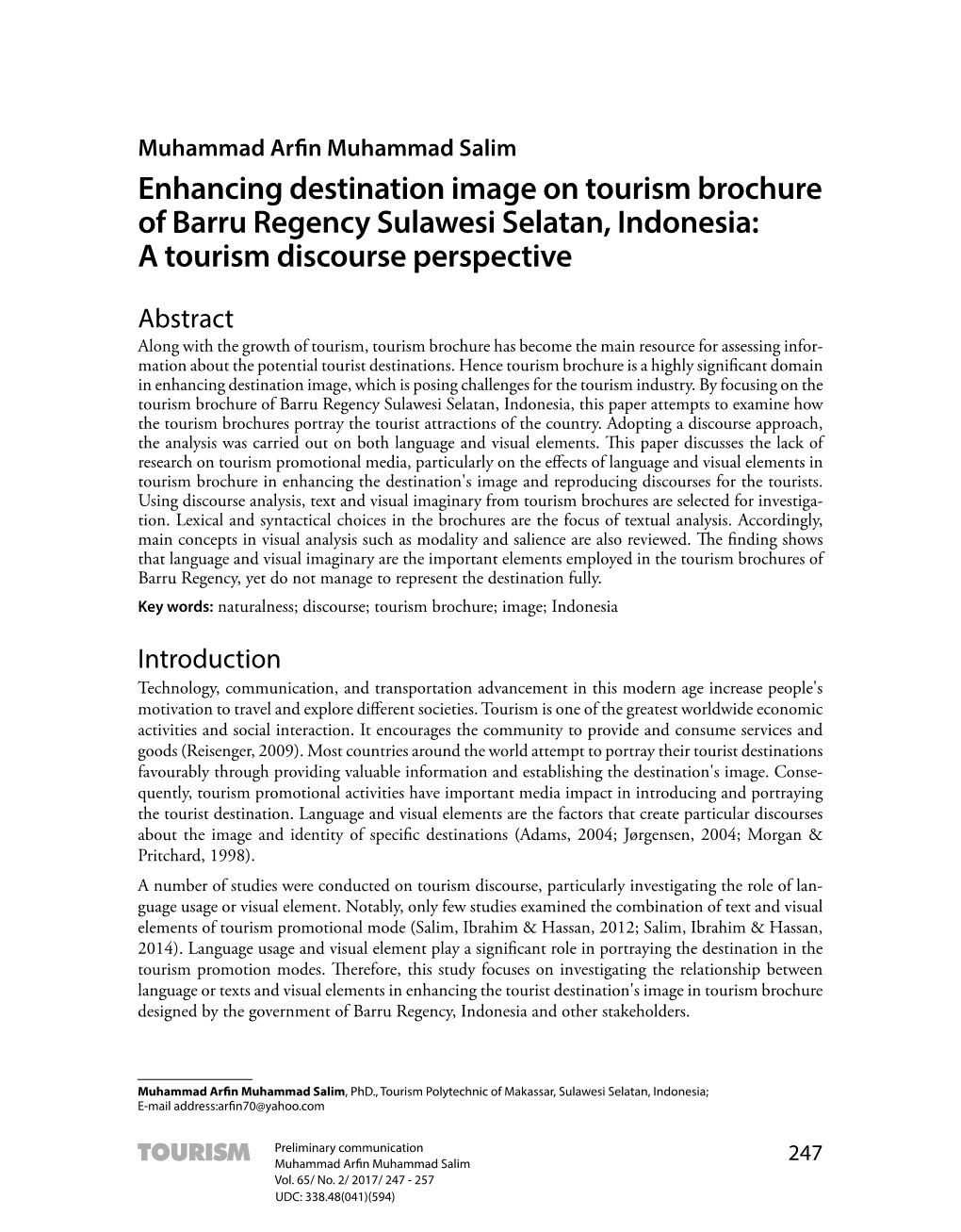 Enhancing Destination Image on Tourism Brochure of Barru Regency Sulawesi Selatan, Indonesia: a Tourism Discourse Perspective