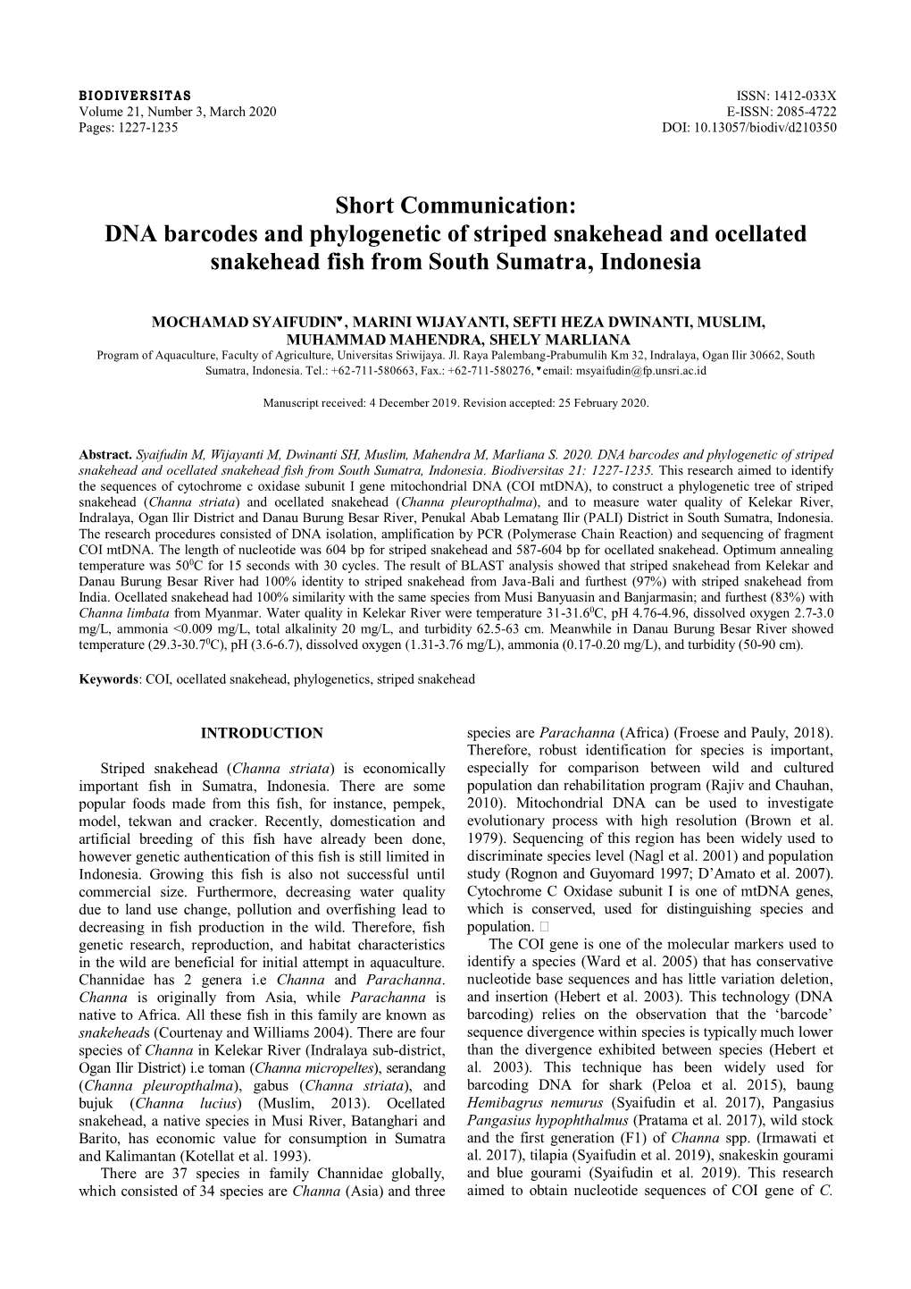 DNA Barcodes and Phylogenetic of Striped Snakehead and Ocellated Snakehead Fish from South Sumatra, Indonesia