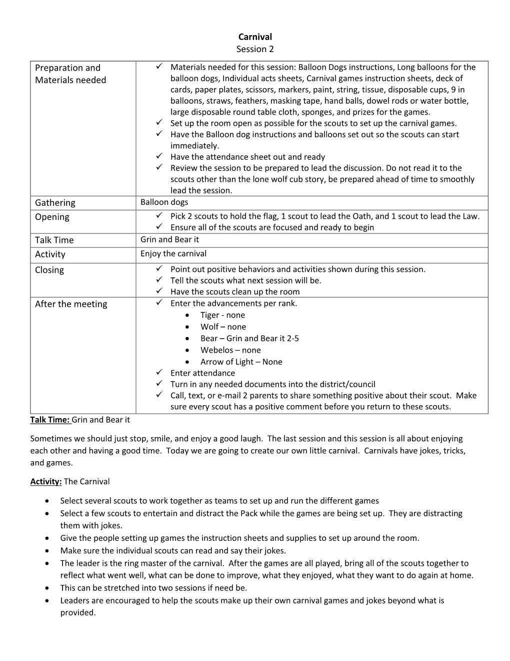 Carnival Session 2 Preparation and Materials Needed Gathering