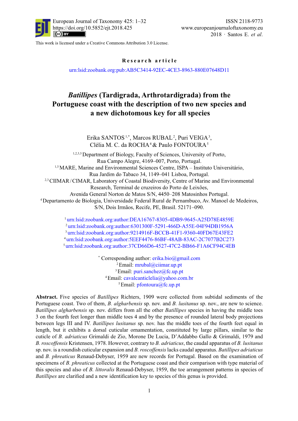 Batillipes (Tardigrada, Arthrotardigrada) from the Portuguese Coast with the Description of Two New Species and a New Dichotomous Key for All Species