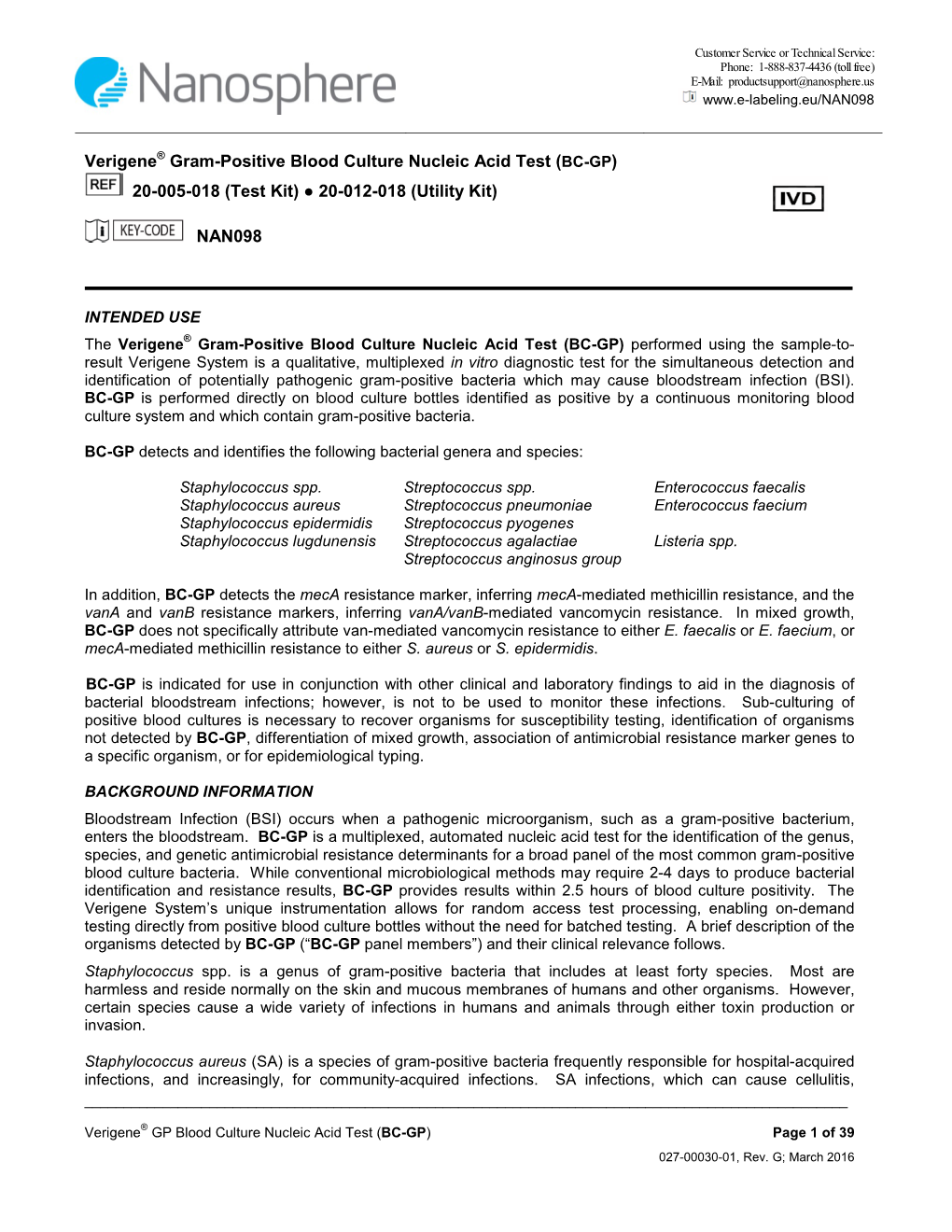 Verigene® Staphylococcus Blood Culture Nucleic Acid Test (BC-S)