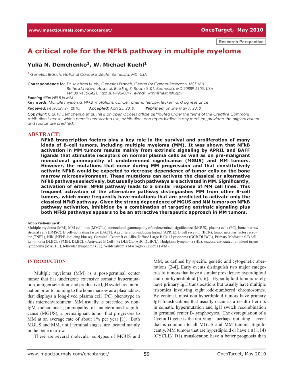 A Critical Role for the Nfkb Pathway in Multiple Myeloma
