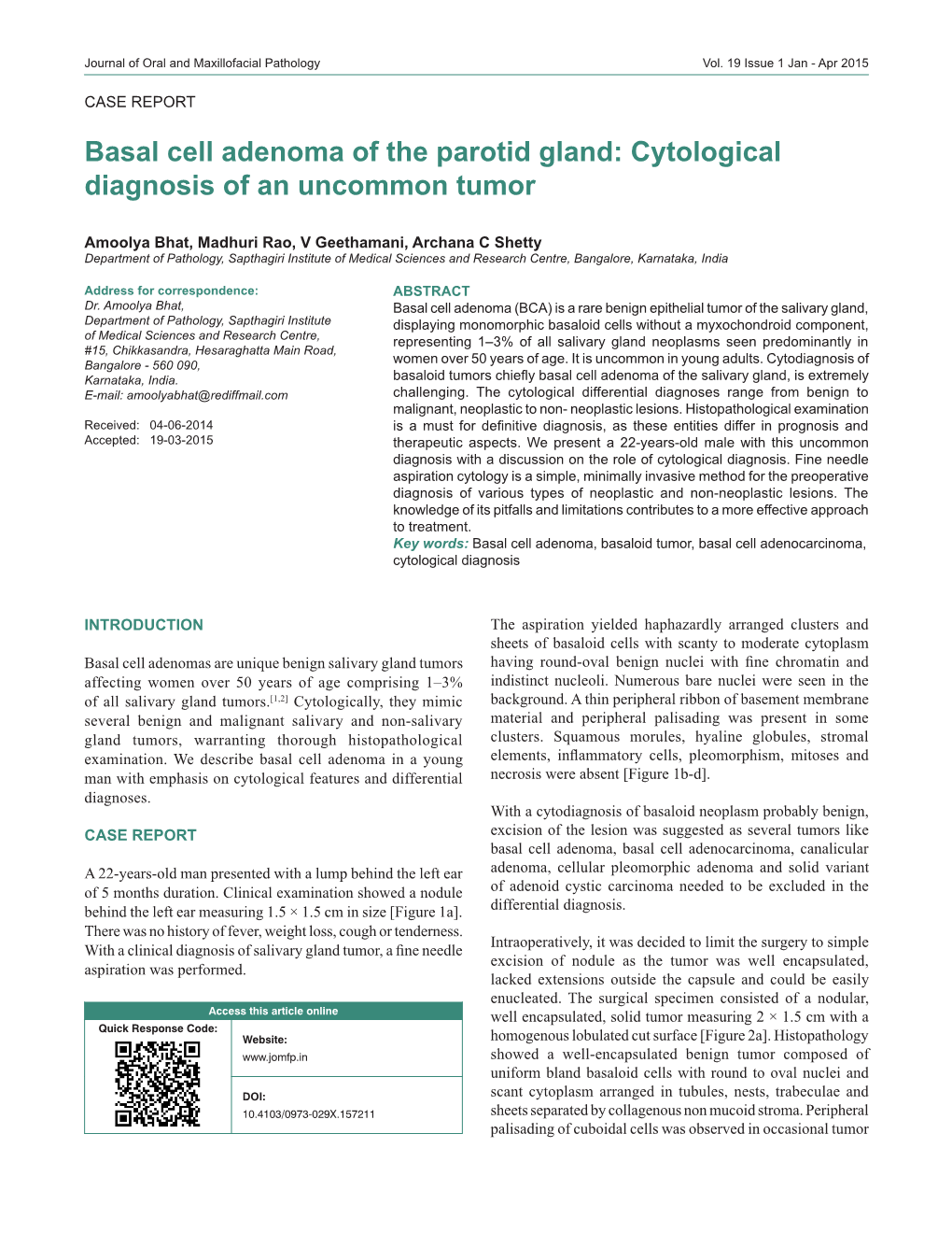 Basal Cell Adenoma of the Parotid Gland: Cytological Diagnosis of an Uncommon Tumor