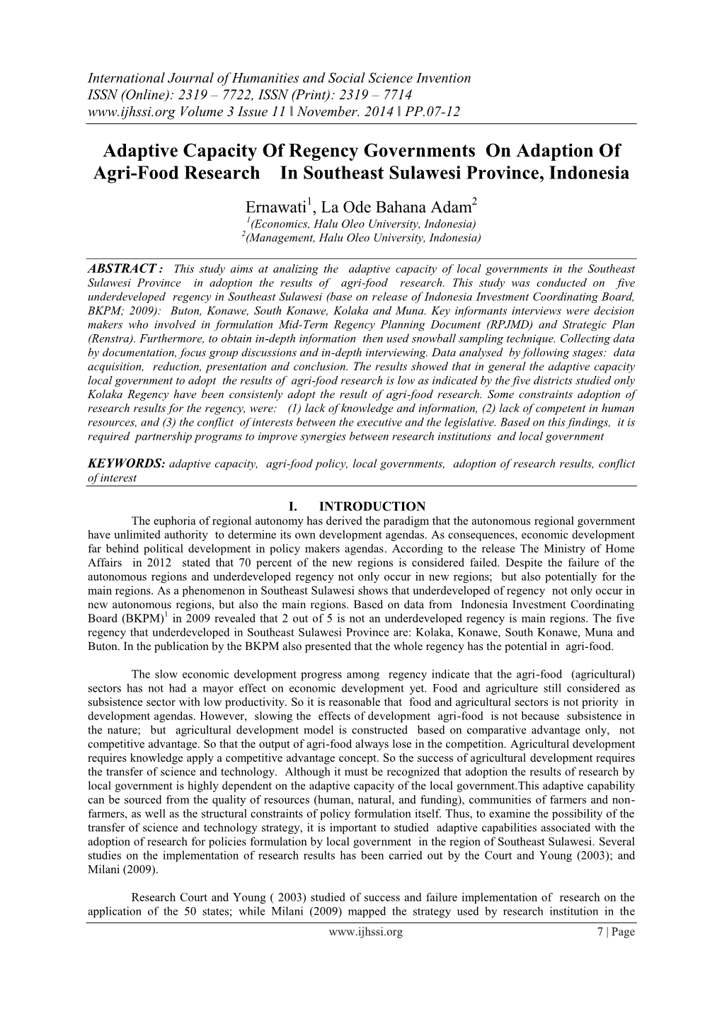 Adaptive Capacity of Regency Governments on Adaption of Agri-Food Research in Southeast Sulawesi Province, Indonesia