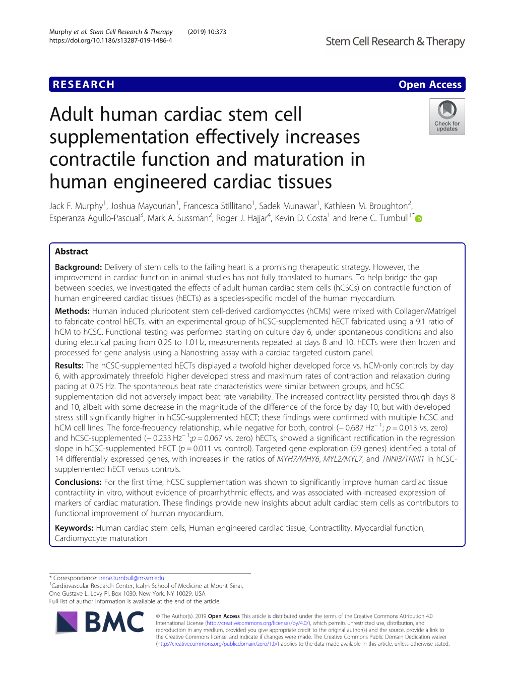 Adult Human Cardiac Stem Cell Supplementation Effectively Increases Contractile Function and Maturation in Human Engineered Cardiac Tissues Jack F