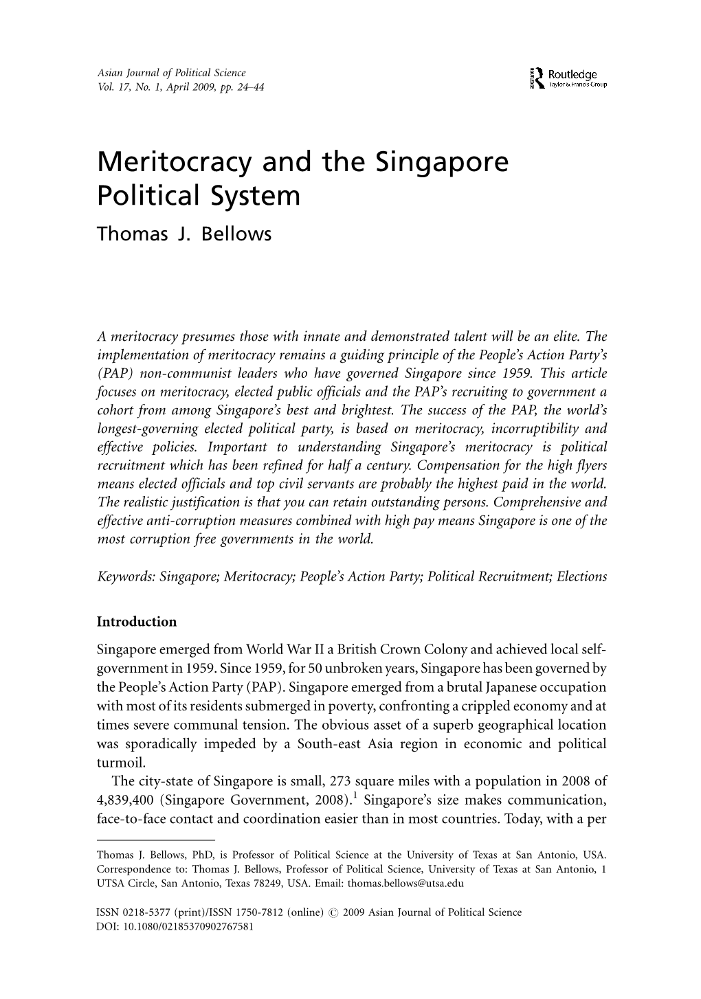 Meritocracy and the Singapore Political System Thomas J