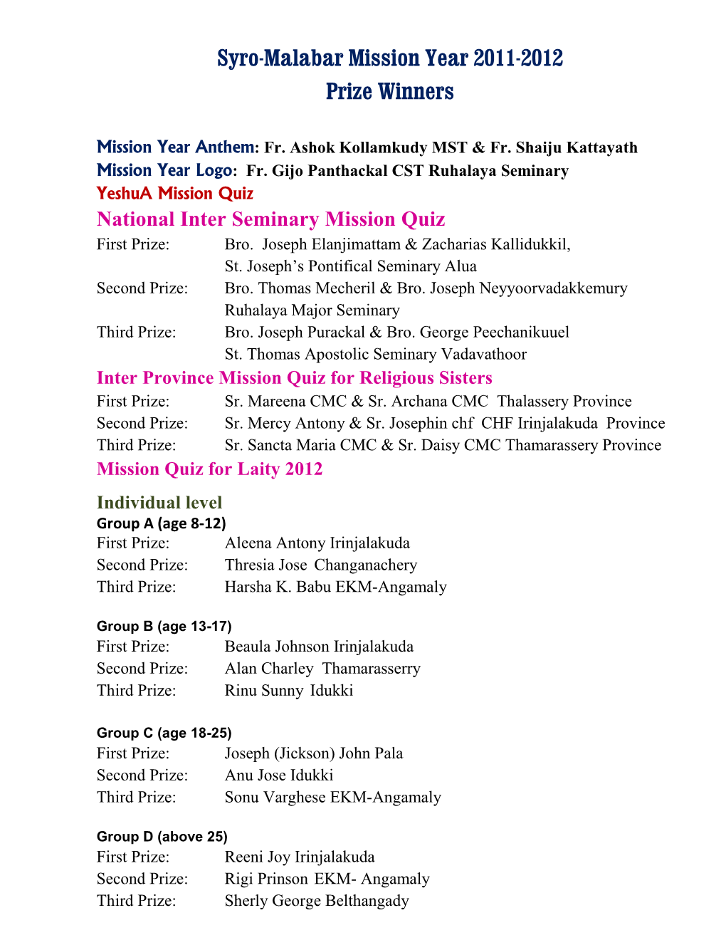 Syro-Malabar Mission Year 2011-2012 Prize Winners